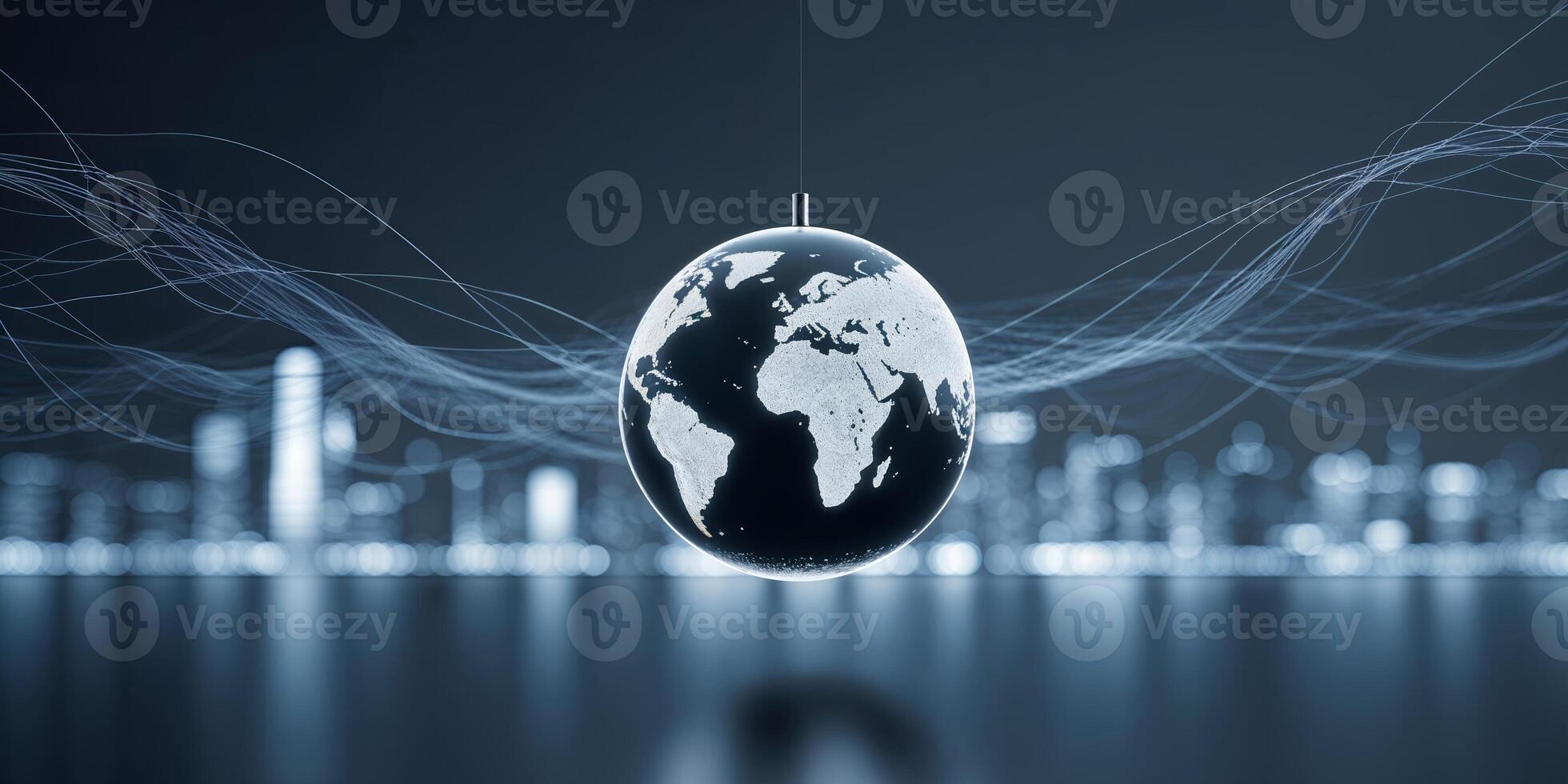 Modern globe with city skyline background represents global connectivity and technology in urban environments at night photo
