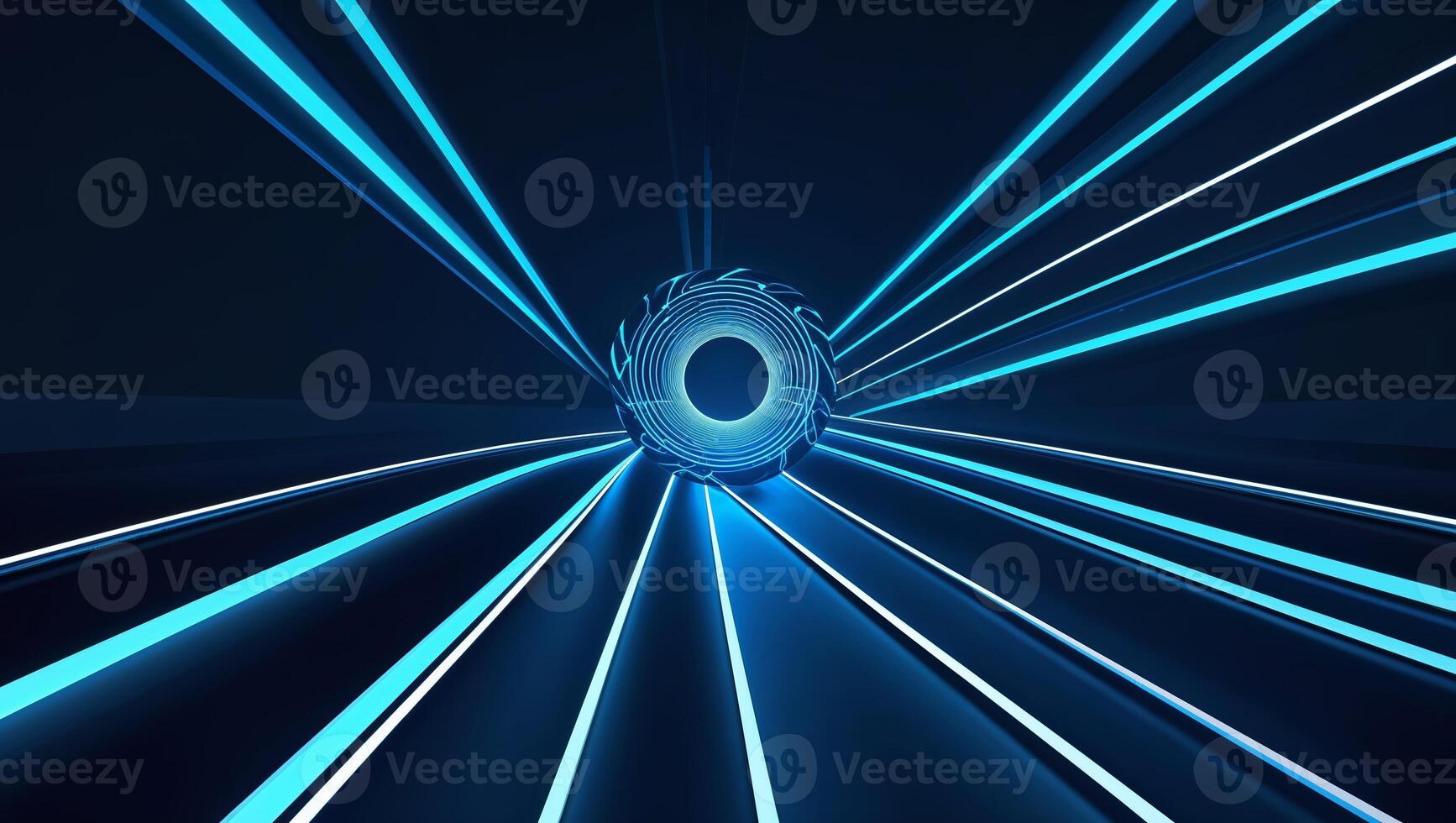 Bright blue light rays converge toward a central point creating an abstract tunnel effect photo