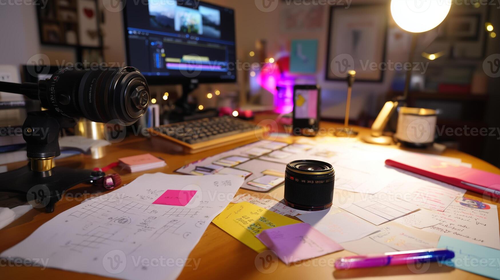 Creative workspace with tools for editing and brainstorming ideas in a cozy home office environment photo