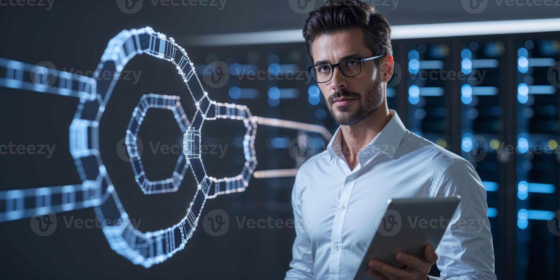 Professional man analyzing data in a modern server room with digital interface displaying technology concepts photo