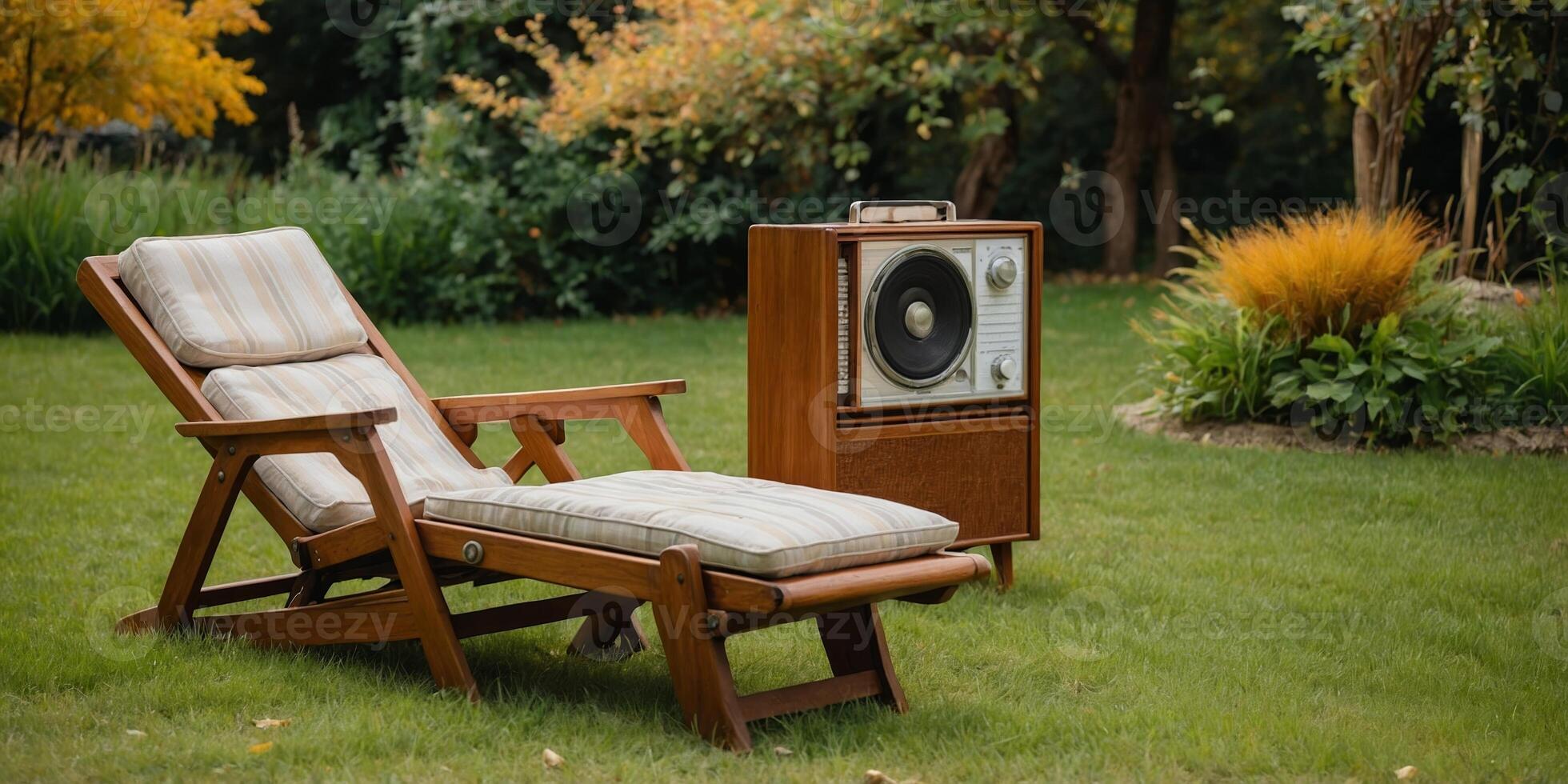 Vintage lounge chair and radio create a cozy atmosphere in a serene garden setting during a sunny afternoon photo