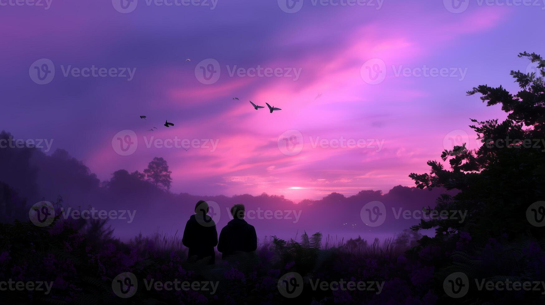 Two individuals enjoy a serene sunset surrounded by mist and nature in a tranquil outdoor setting photo