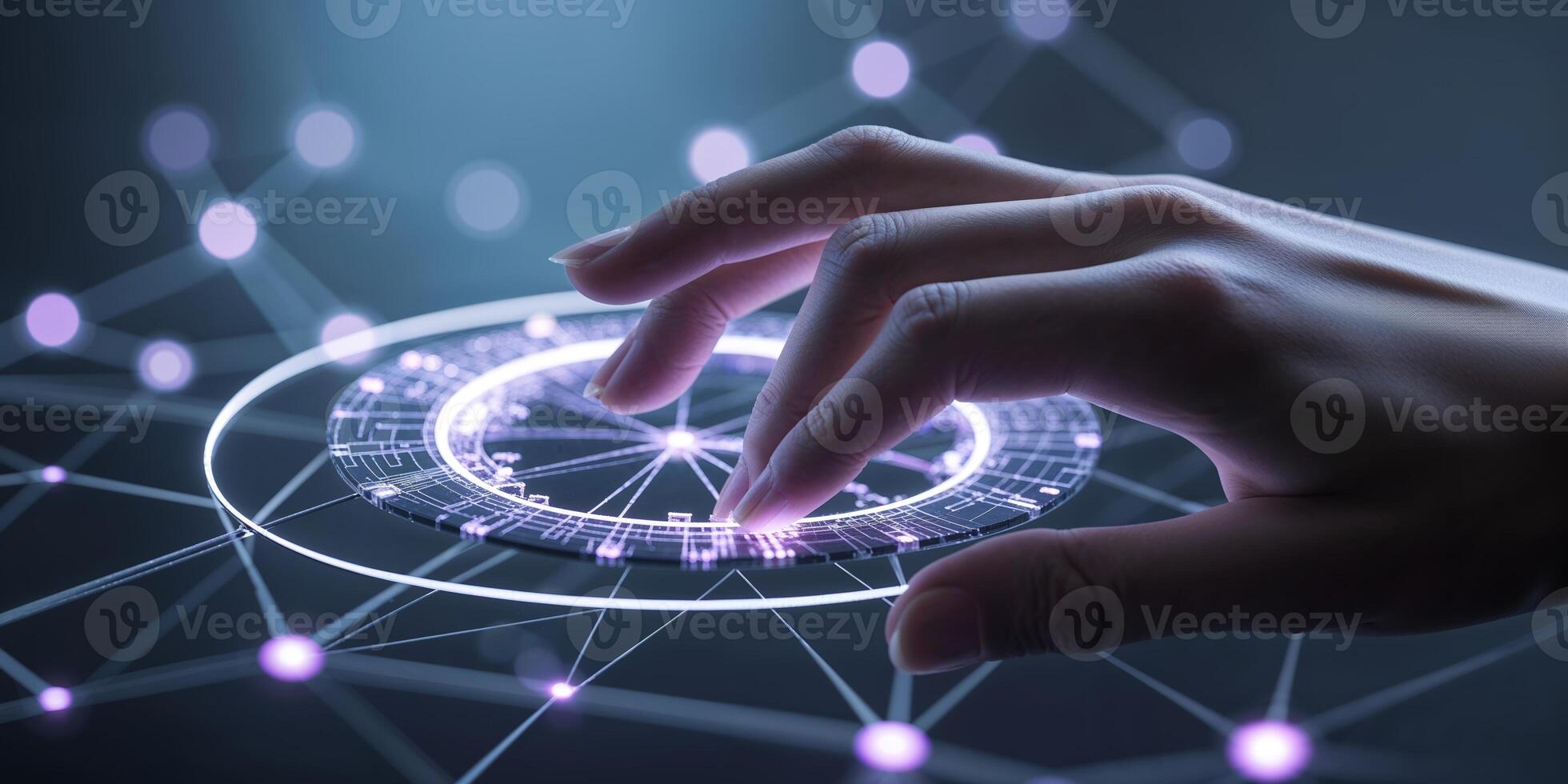 Futuristic hand interacting with a holographic display in a high-tech environment photo