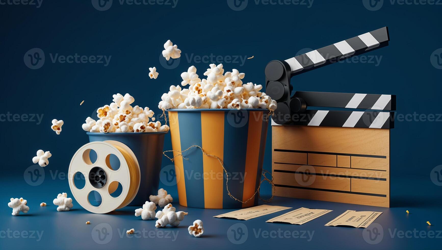 Giant popcorn buckets and a classic film clapperboard on a blue background during a movie night photo