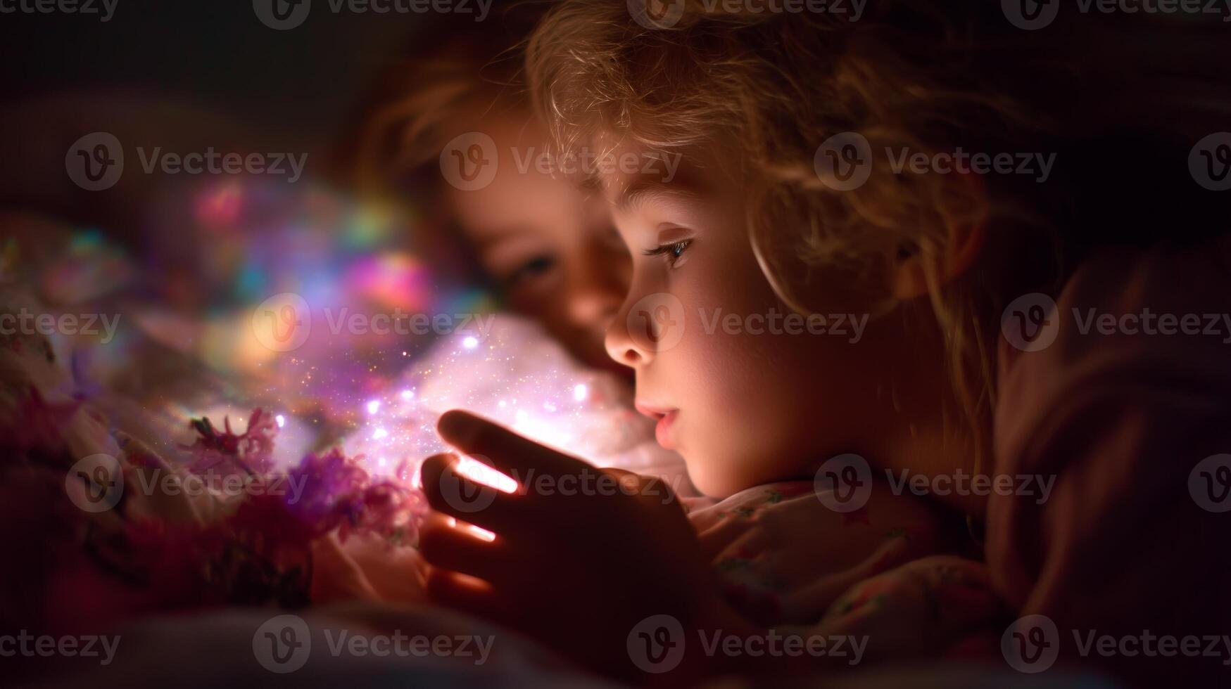 Children exploring magical lights in a cozy bedroom at night photo