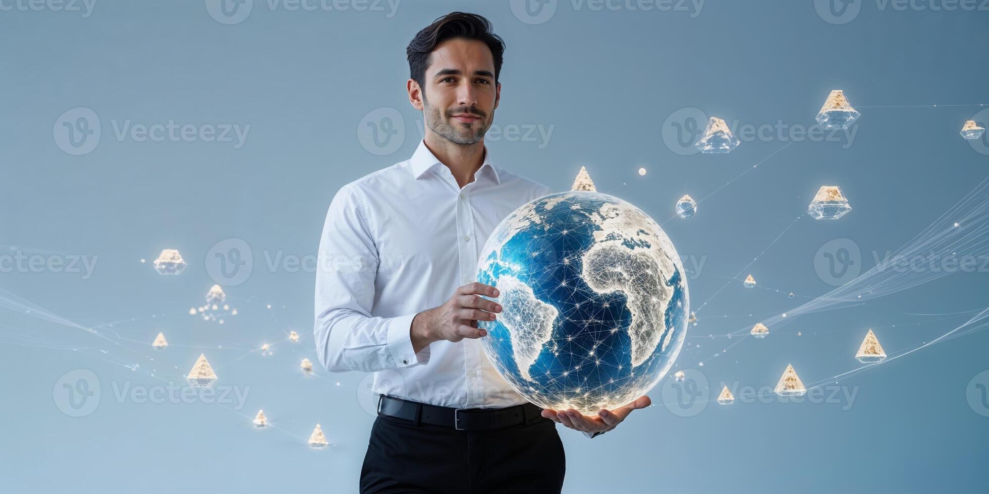 Business professional holding a glowing globe with network connections in a modern office setting photo