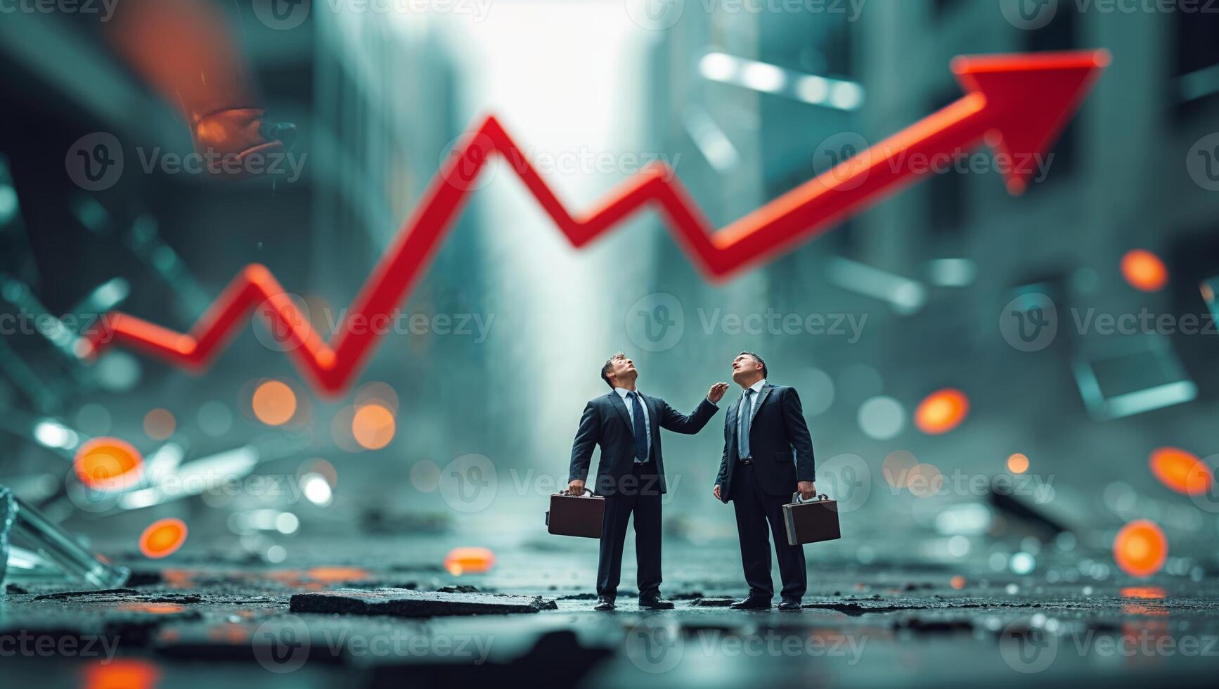 Businessmen observing a rising trend in a bustling city environment at dusk photo