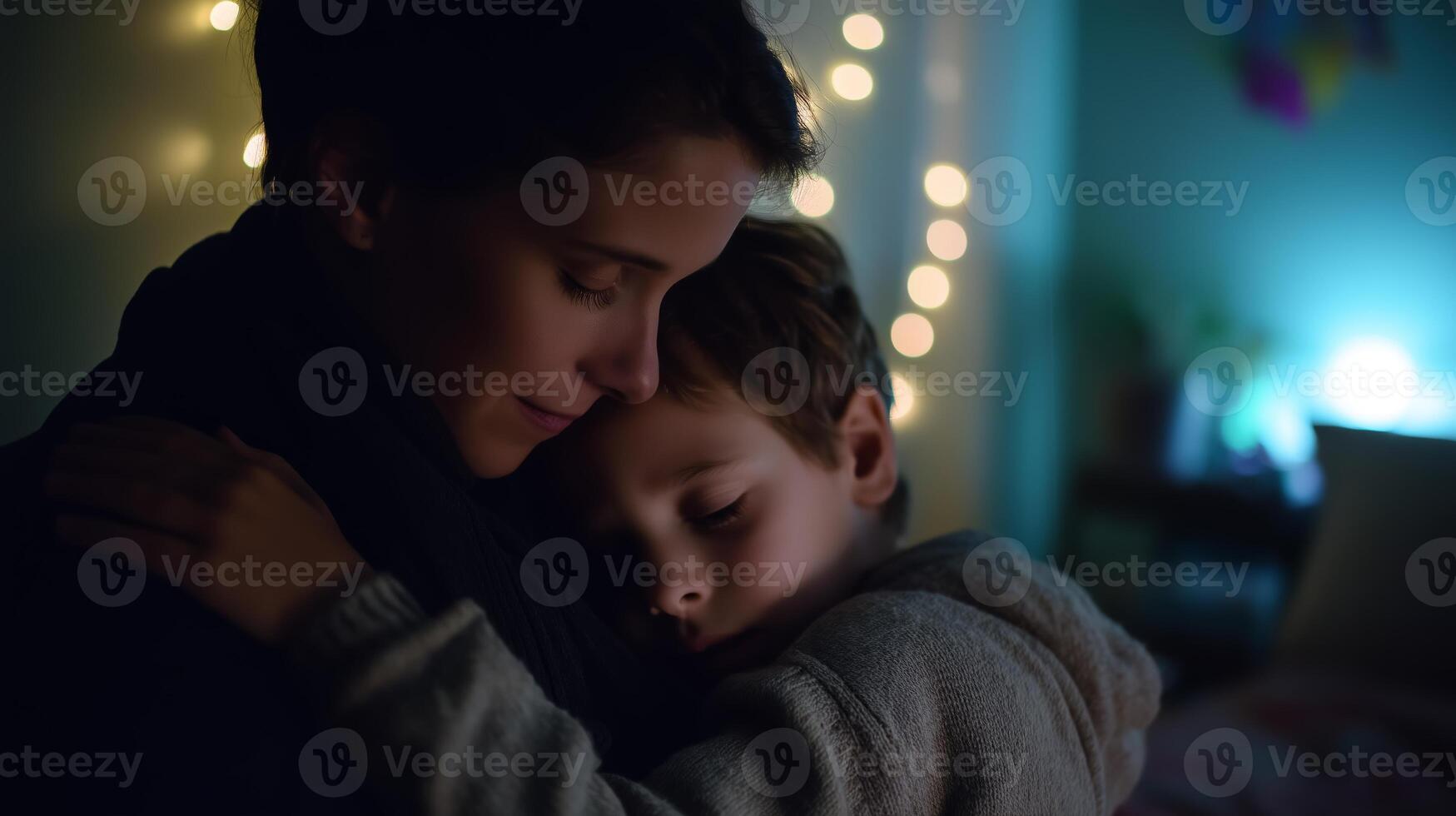 Emotional moment between a mother and her child in a cozy bedroom setting at night photo