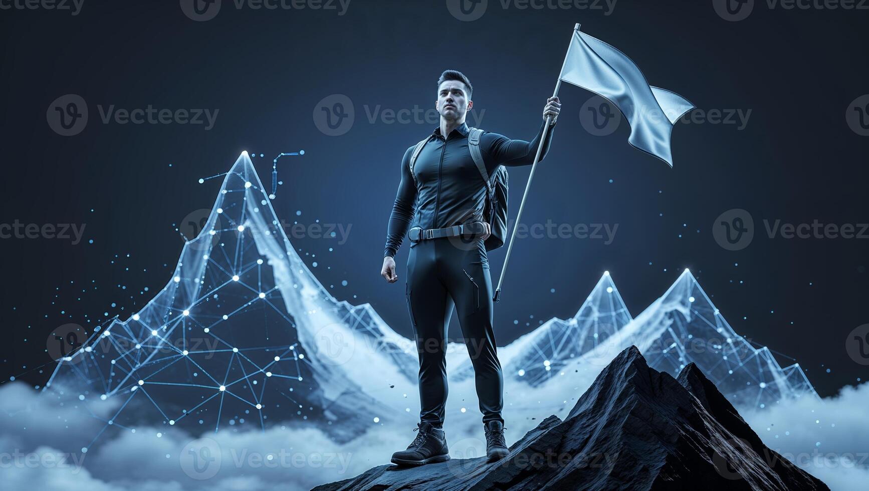 Person stands on mountain summit with a white flag amid digital landscape, symbolizing victory and progress in modern exploration photo