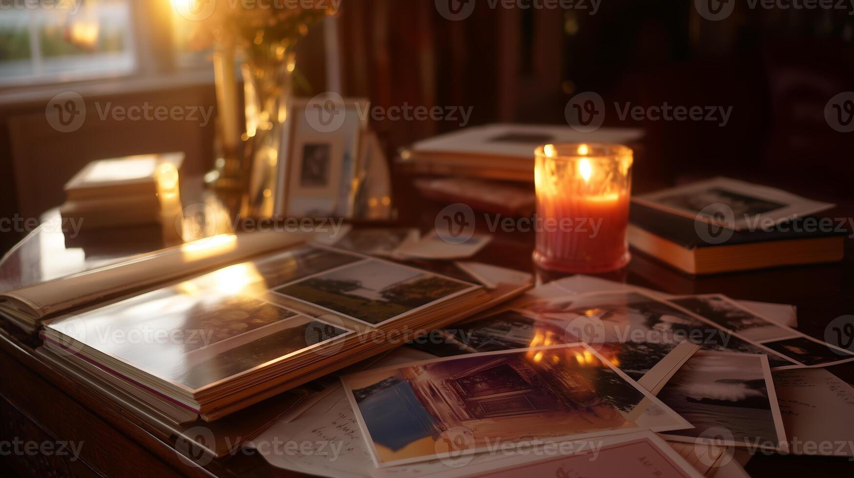 Memories captured in photos and warm candlelight on a wooden table during sunset hours