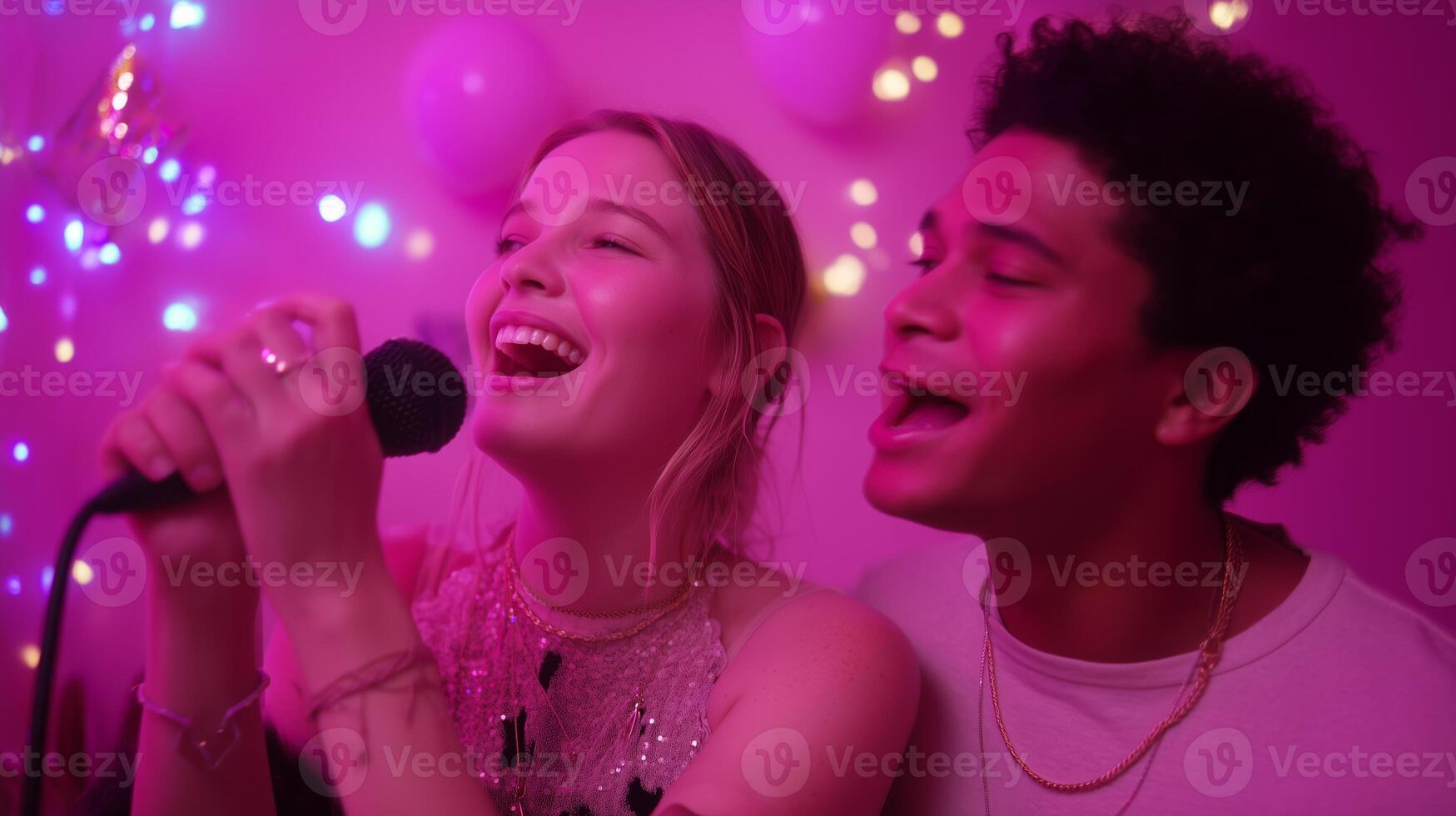 Young adults enjoy karaoke night with joyful singing and vibrant lights in a cozy indoor setting during a weekend gathering photo