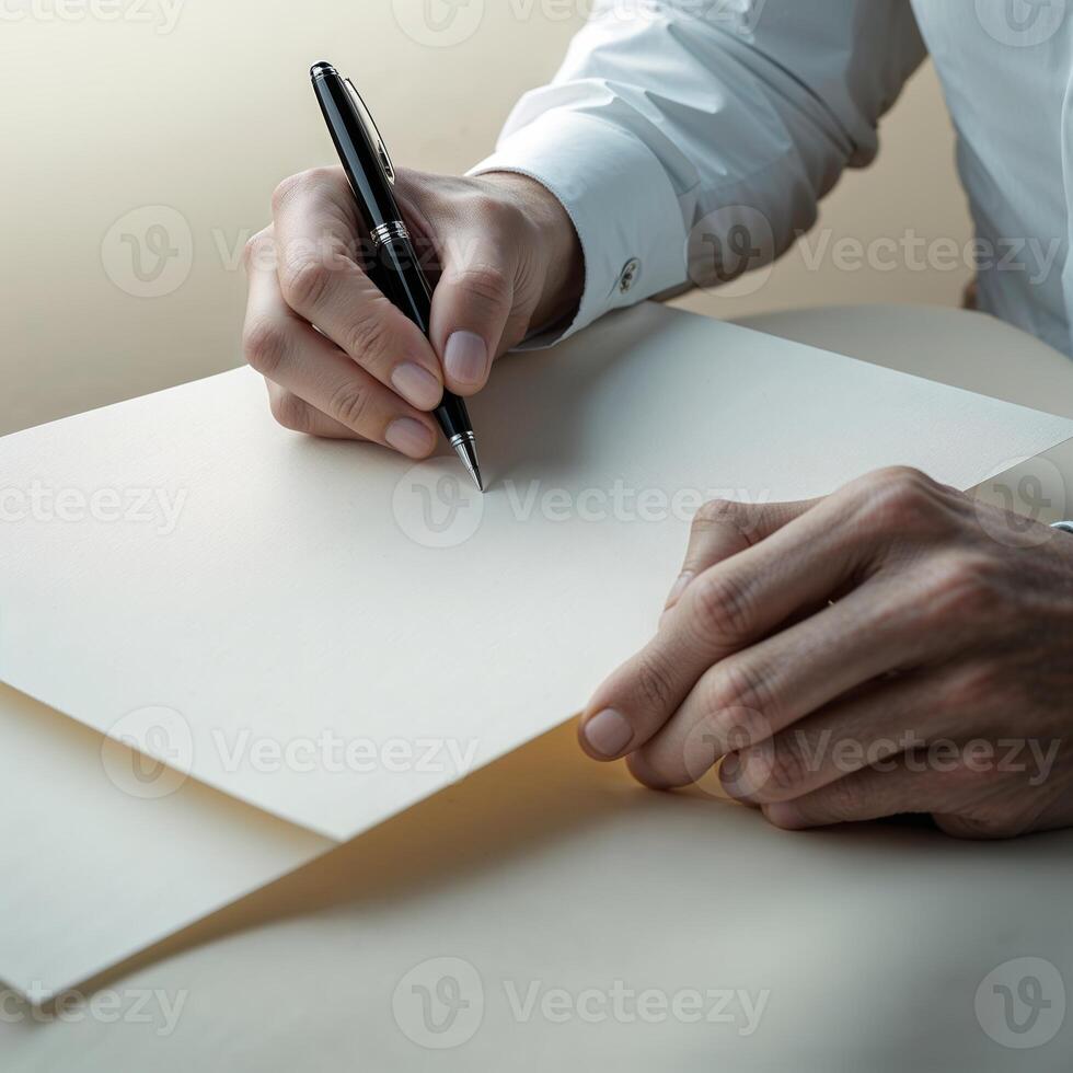 Hands writing on blank paper in a minimalist workspace during the afternoon photo