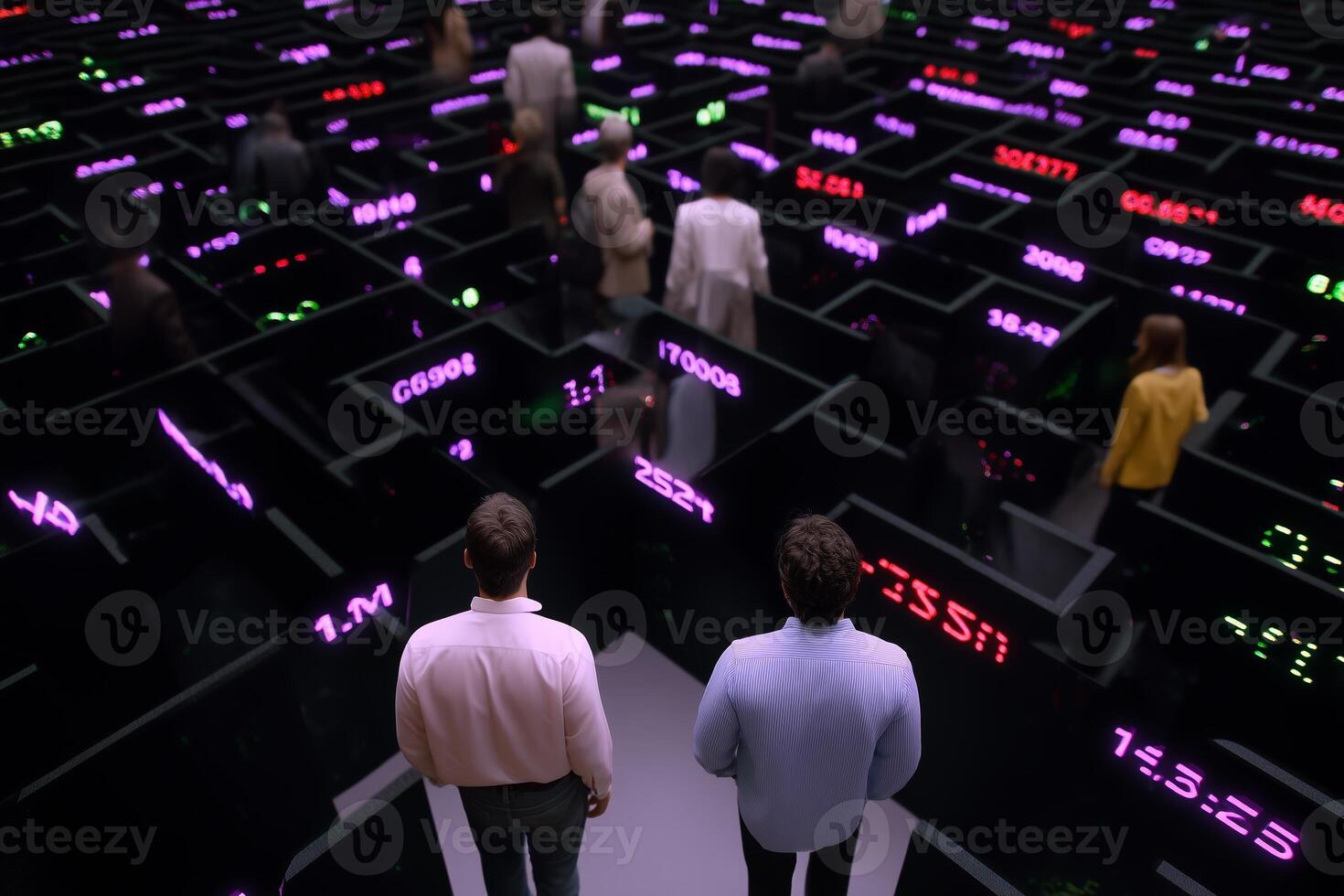 Two individuals observe a maze of digital data displays during an innovative technology event in a modern exhibition space photo