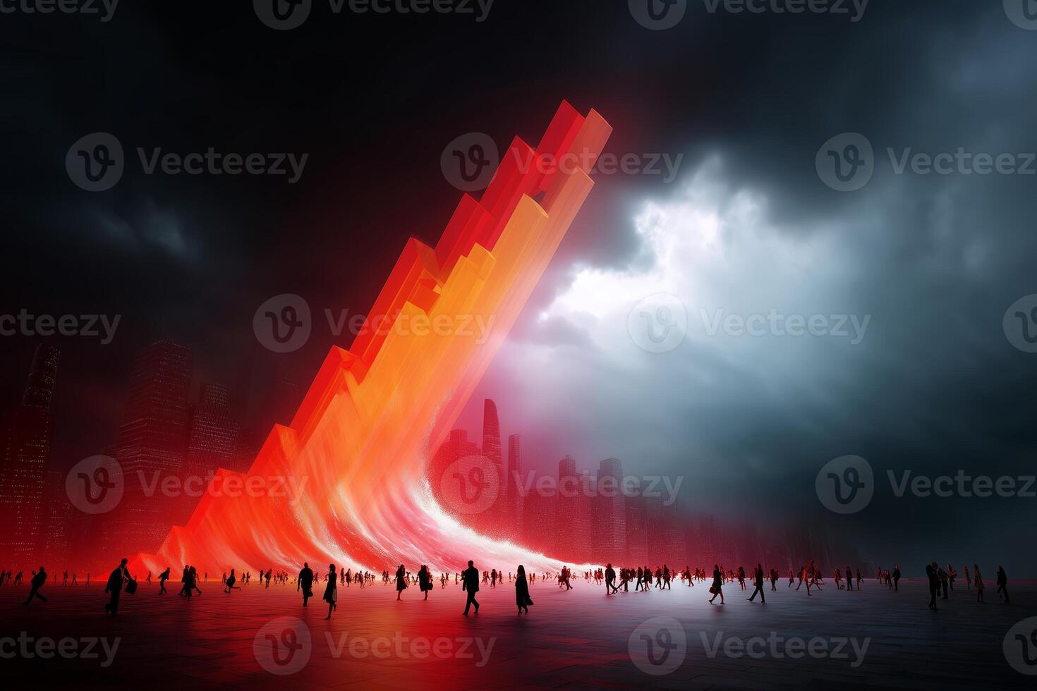 Dynamic urban landscape lit by vibrant hues at dusk with people interacting in a captivating art installation photo