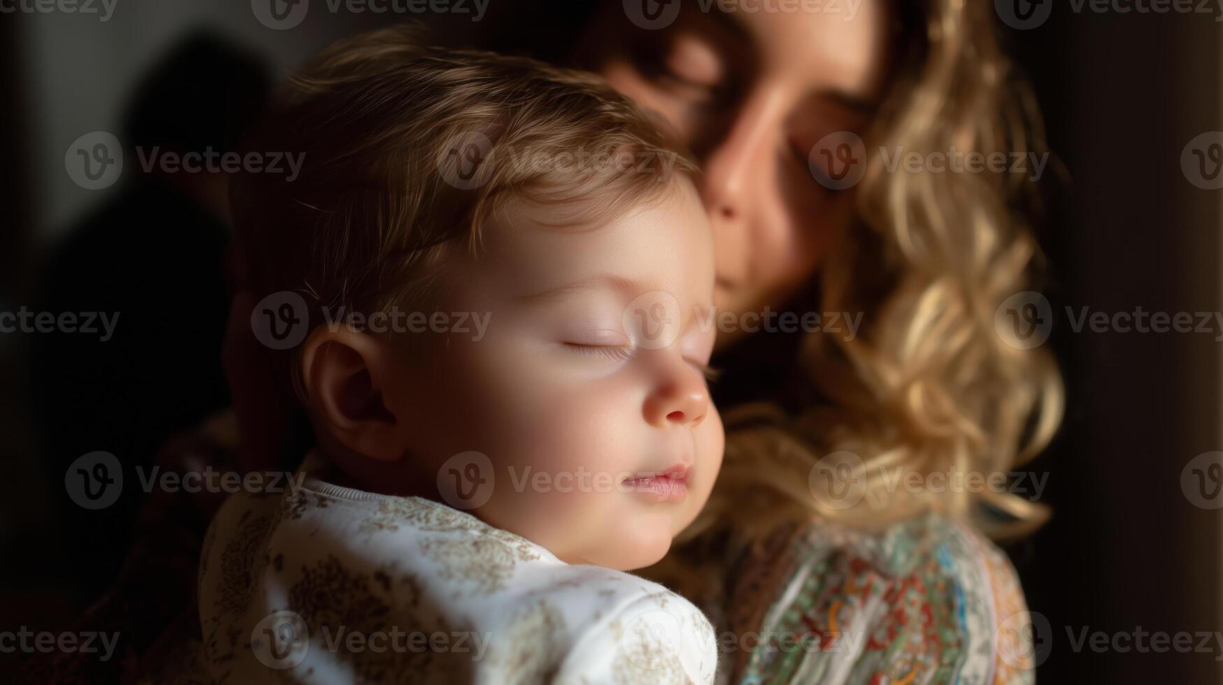 Mother gently cradles her peacefully sleeping baby in a cozy indoor setting during the afternoon photo