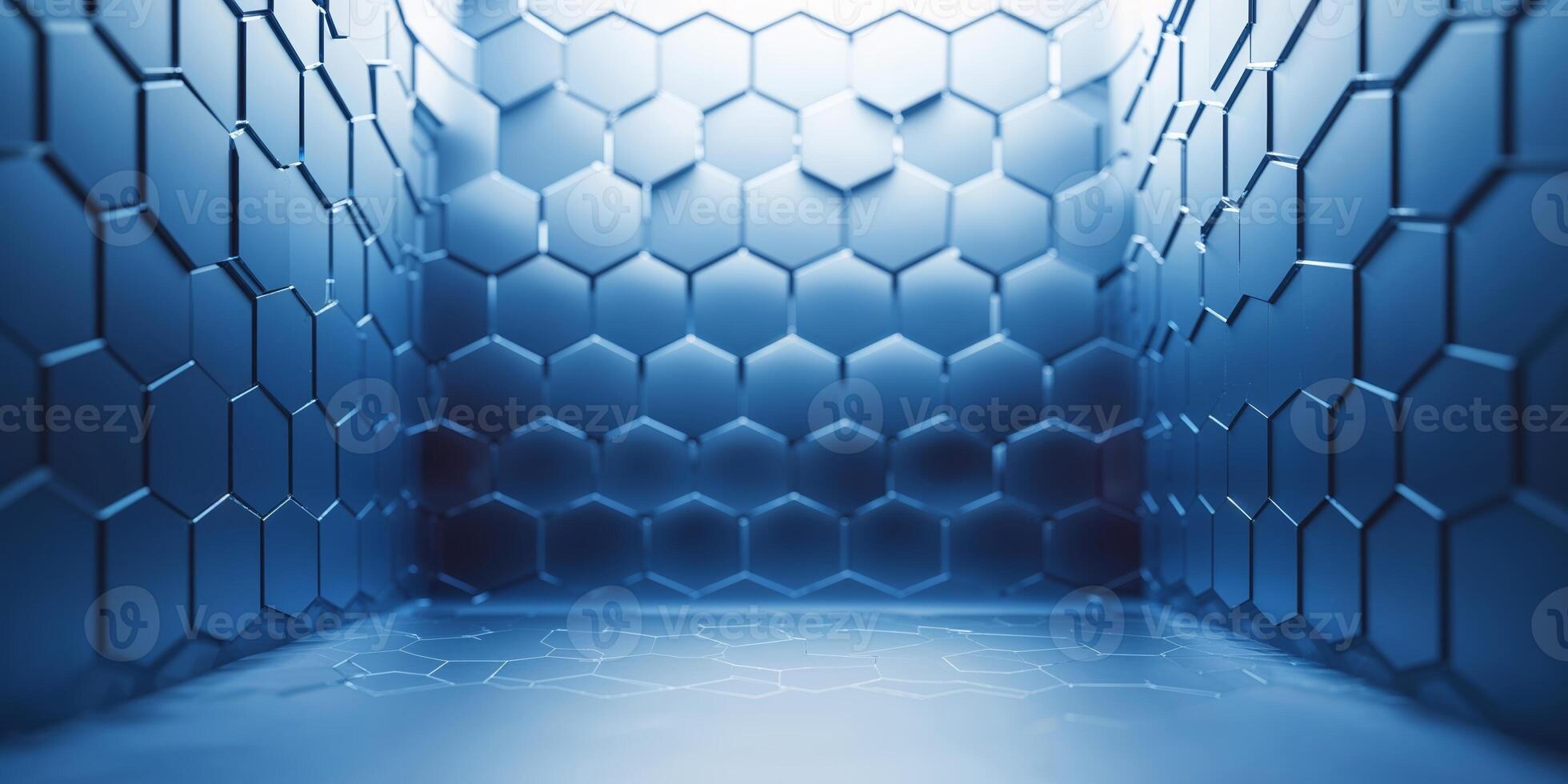 Modern abstract design featuring blue hexagonal patterns in a three-dimensional space for a futuristic setting photo