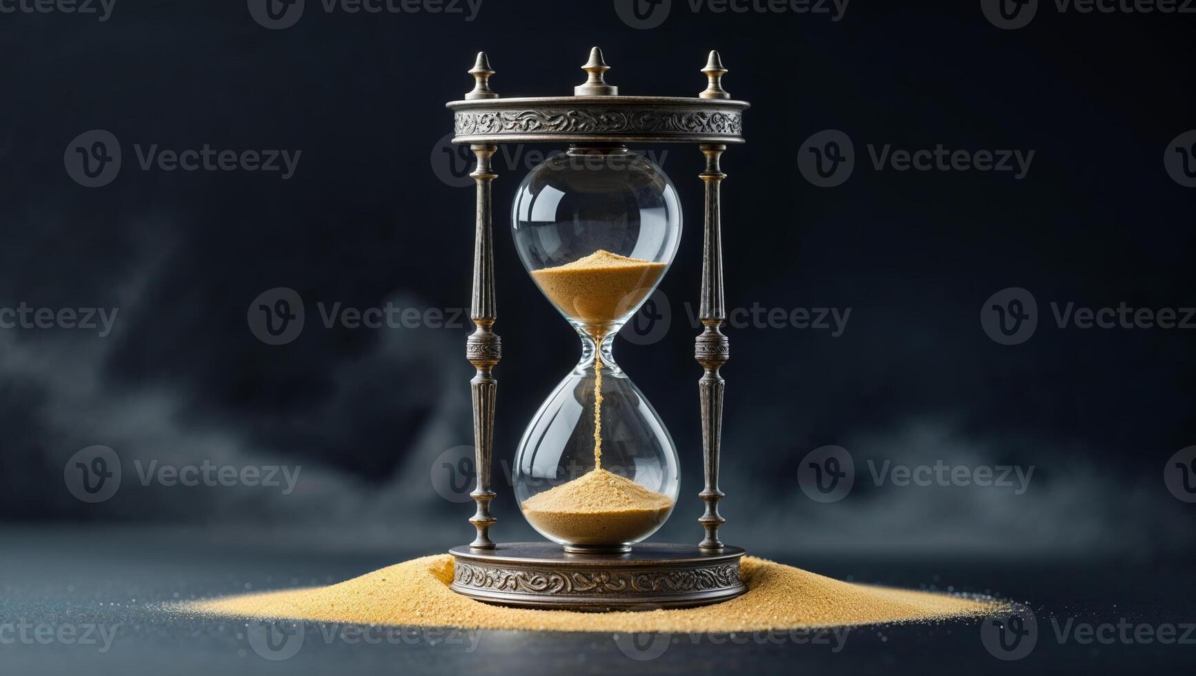 Elegant hourglass with fine sand gracefully flowing against a dark background, symbolizing the passage of time and life's fleeting moments photo