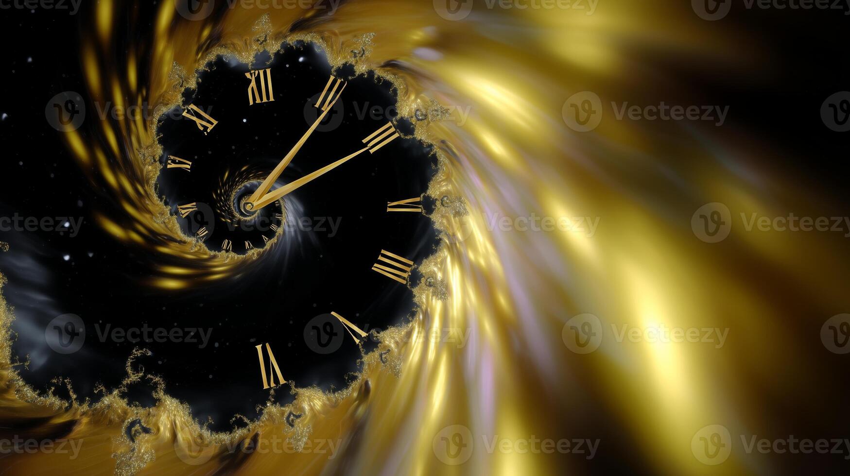 Spiral clock design illustrating the passage of time in a cosmic setting with golden swirls and stars photo