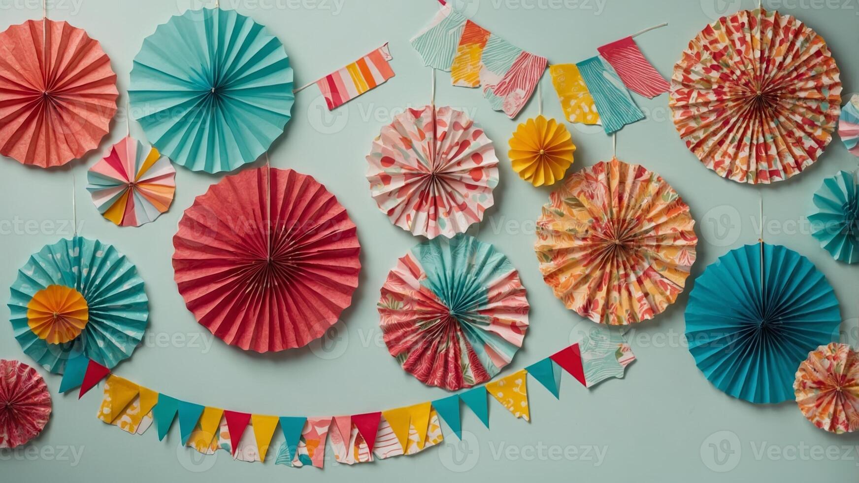 Colorful paper decorations adorn a wall for a festive celebration in a cheerful atmosphere photo