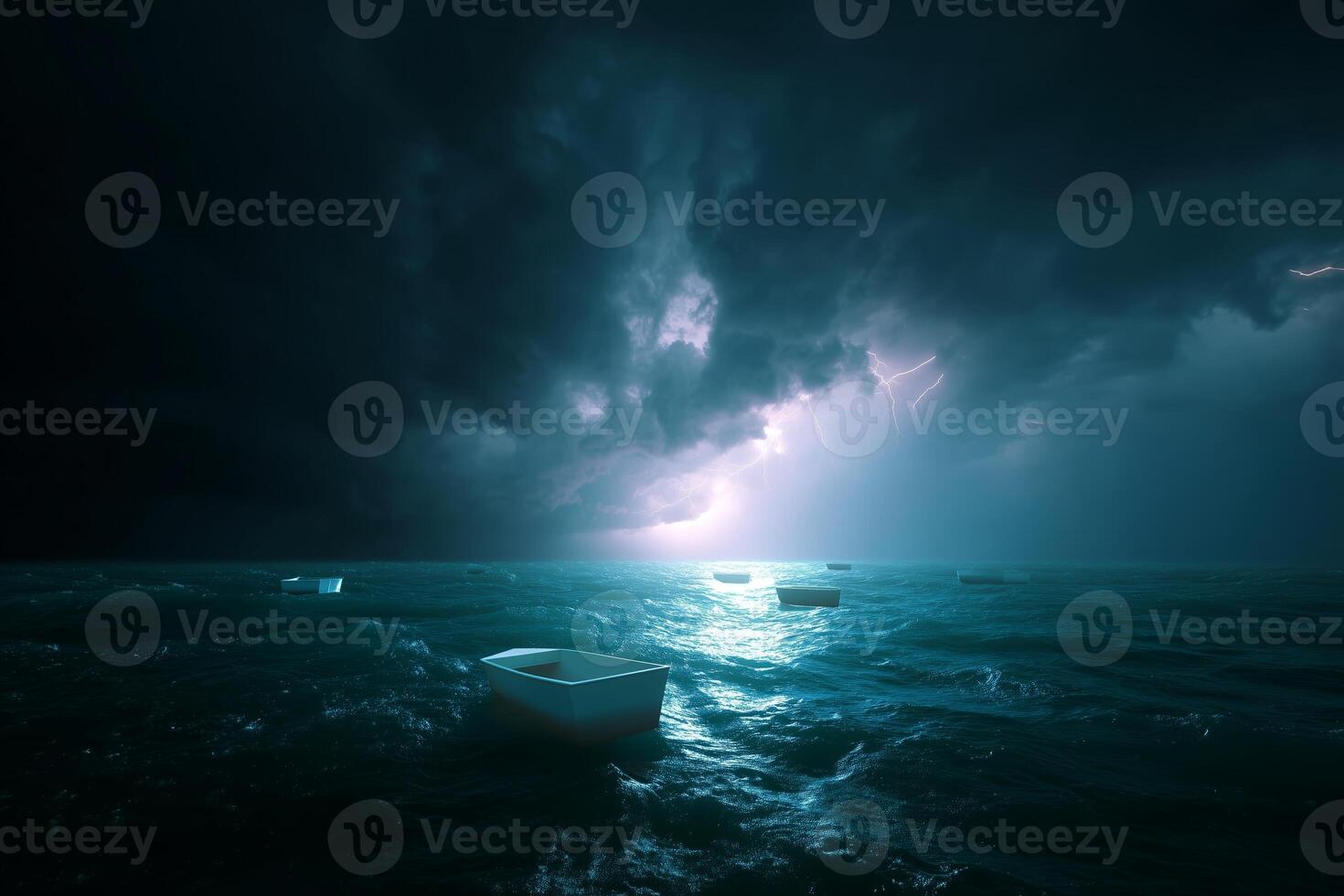 Stormy night with lightning illuminating empty boats on turbulent water photo
