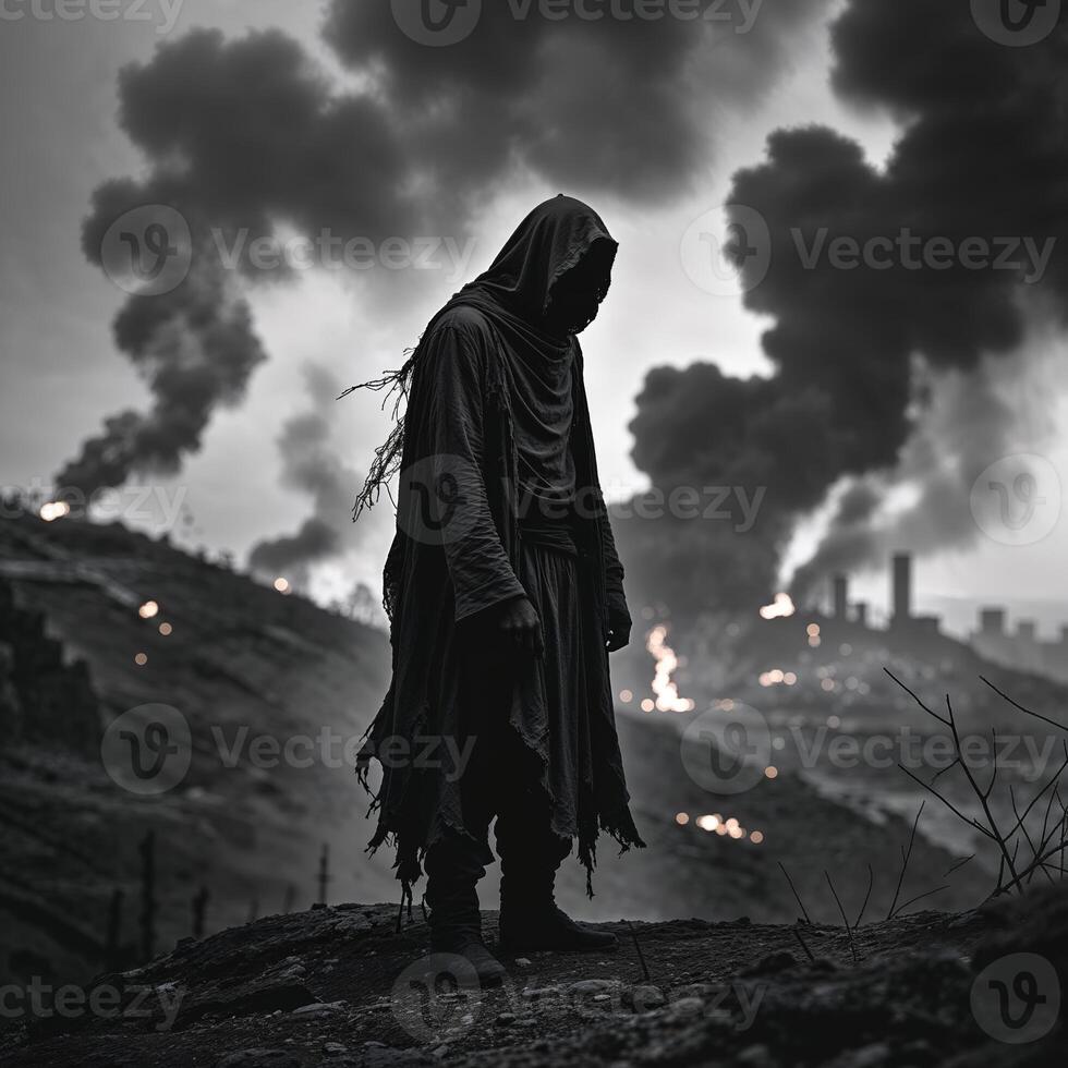 Mysterious figure standing amidst a smoky landscape during an ominous twilight photo