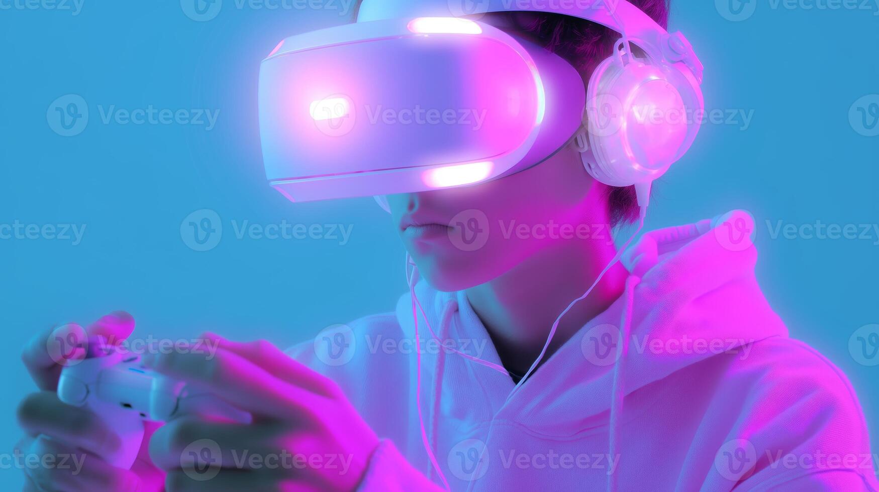 Young gamer immersed in virtual reality with vivid lighting and headphones during evening gaming session photo