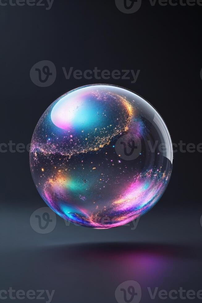 Colorful cosmic bubble floating against a dark background with swirling galaxy patterns photo