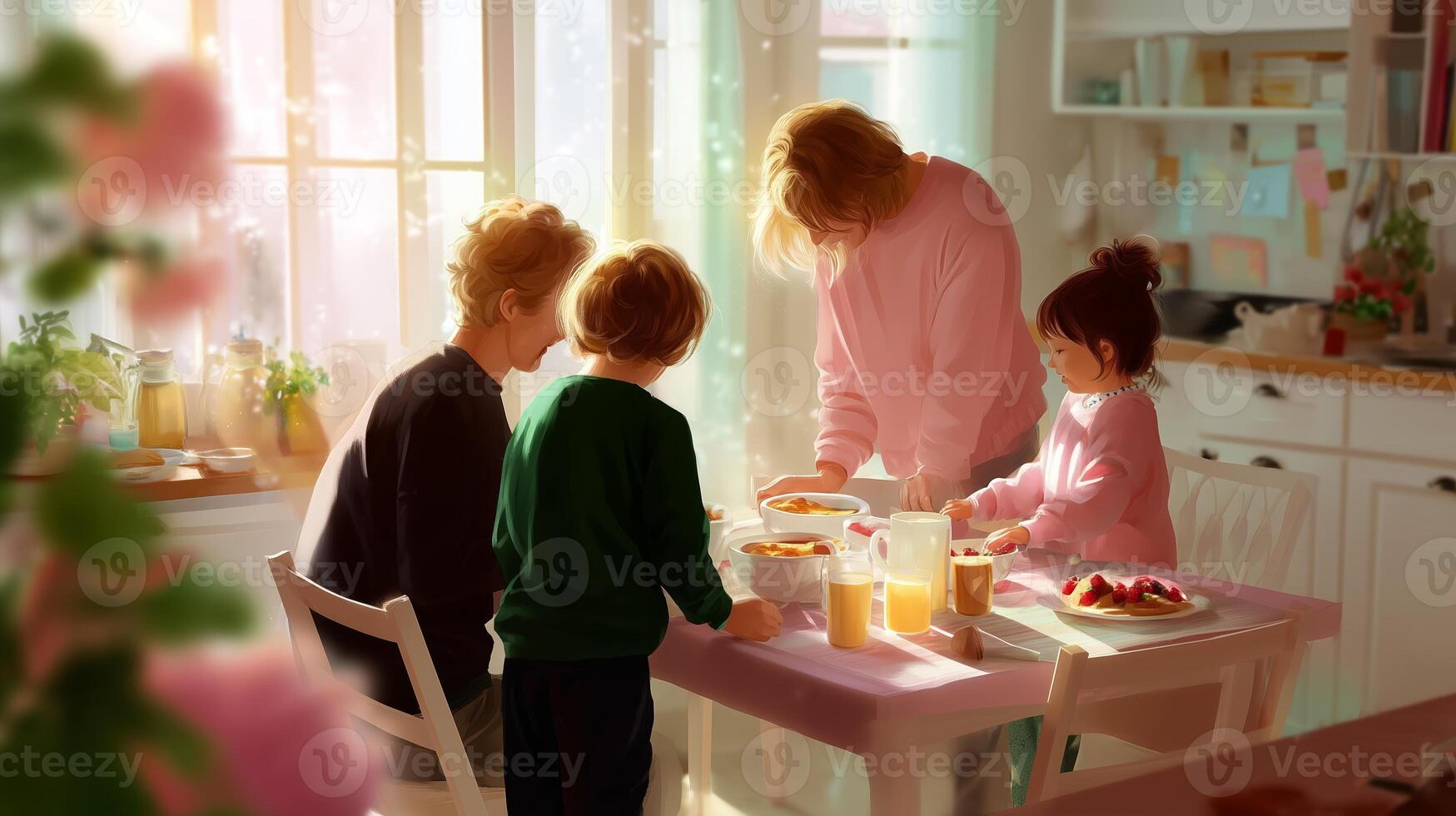 Family enjoys breakfast together on a sunny morning in a cozy kitchen with soft light and joyful atmosphere photo