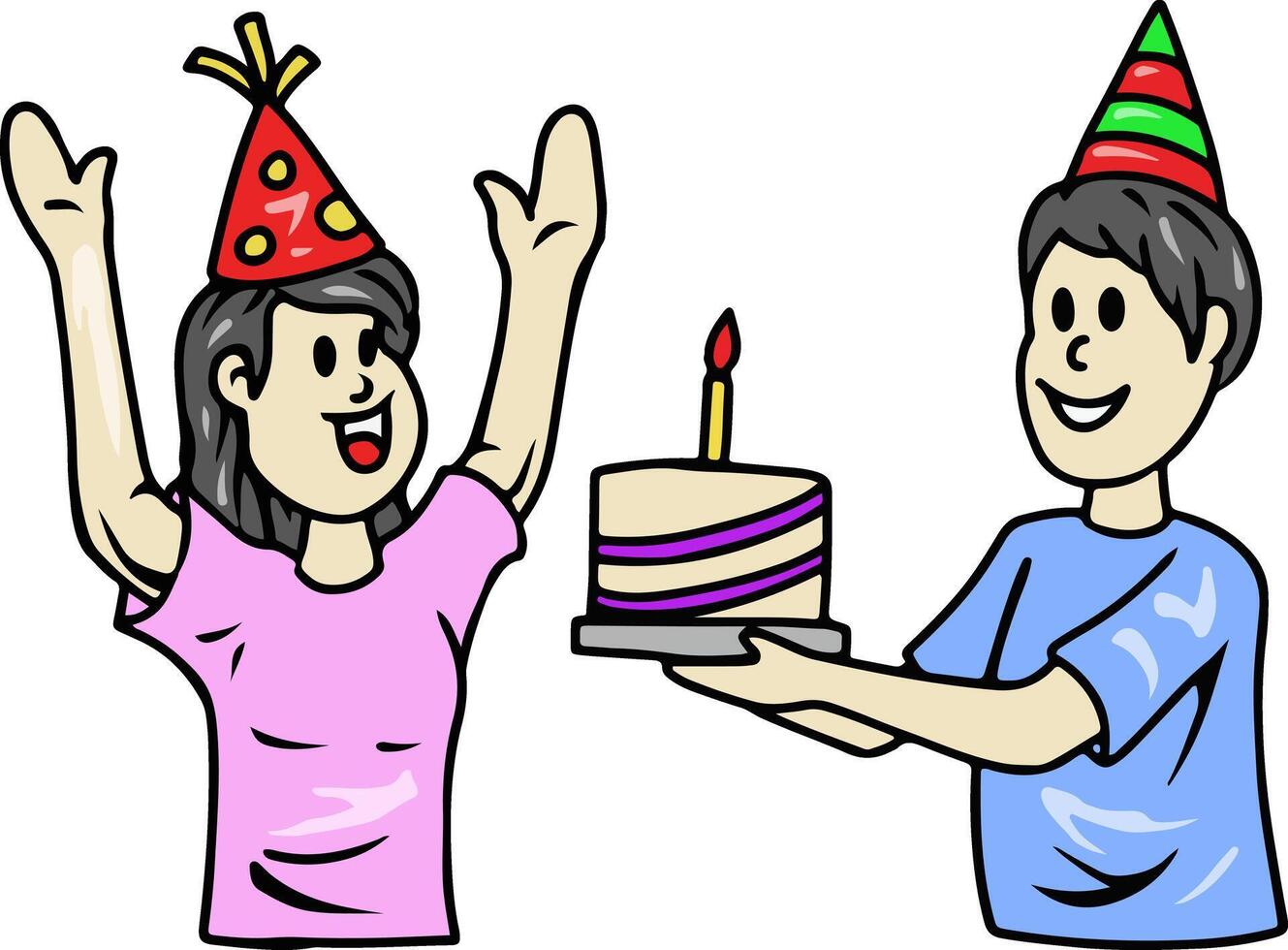 Cartoon birthday celebration with cake and party hats vector