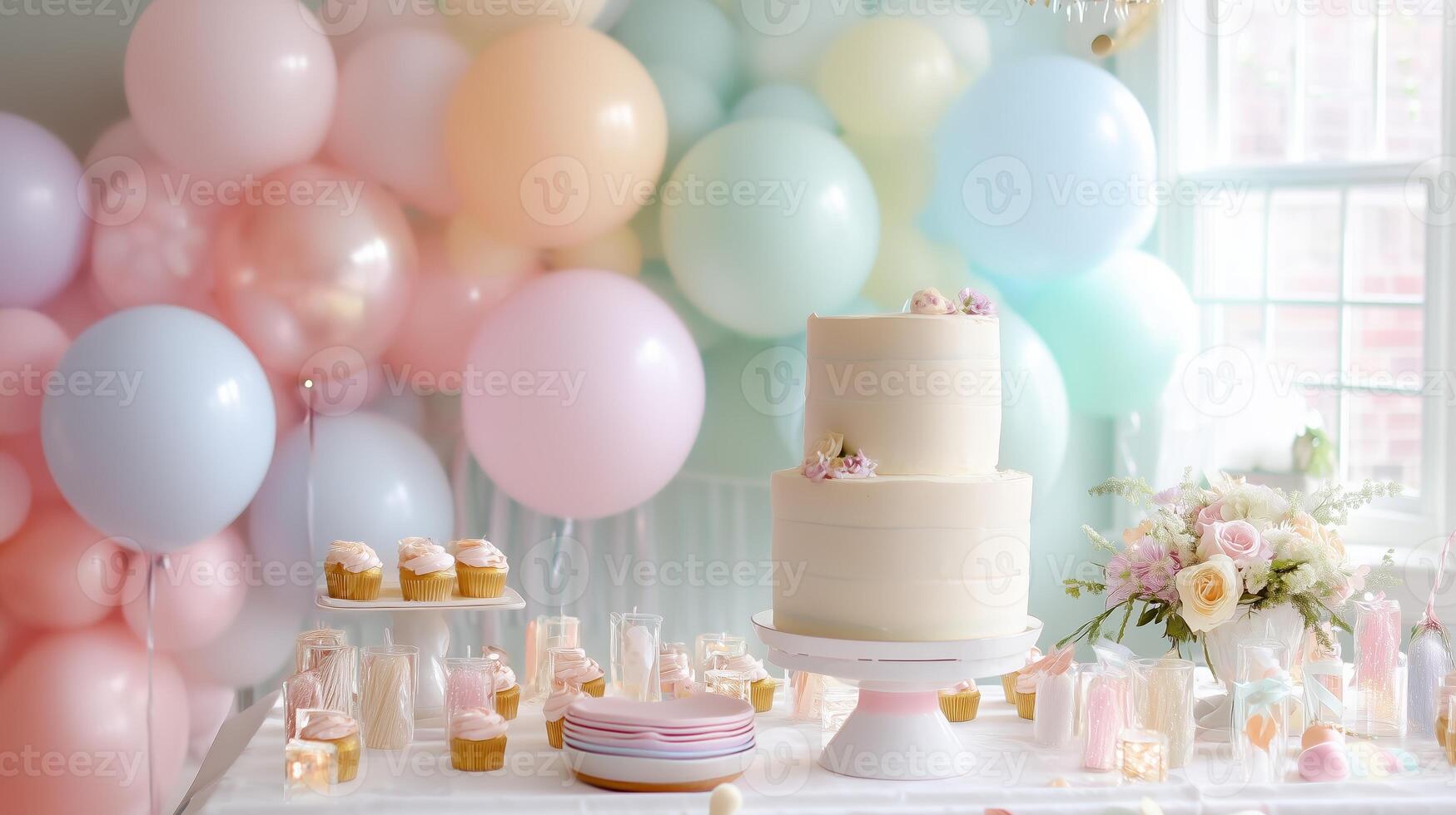 Celebration of a special occasion with a decorated dessert table featuring cupcakes and a tiered cake surrounded by balloons photo