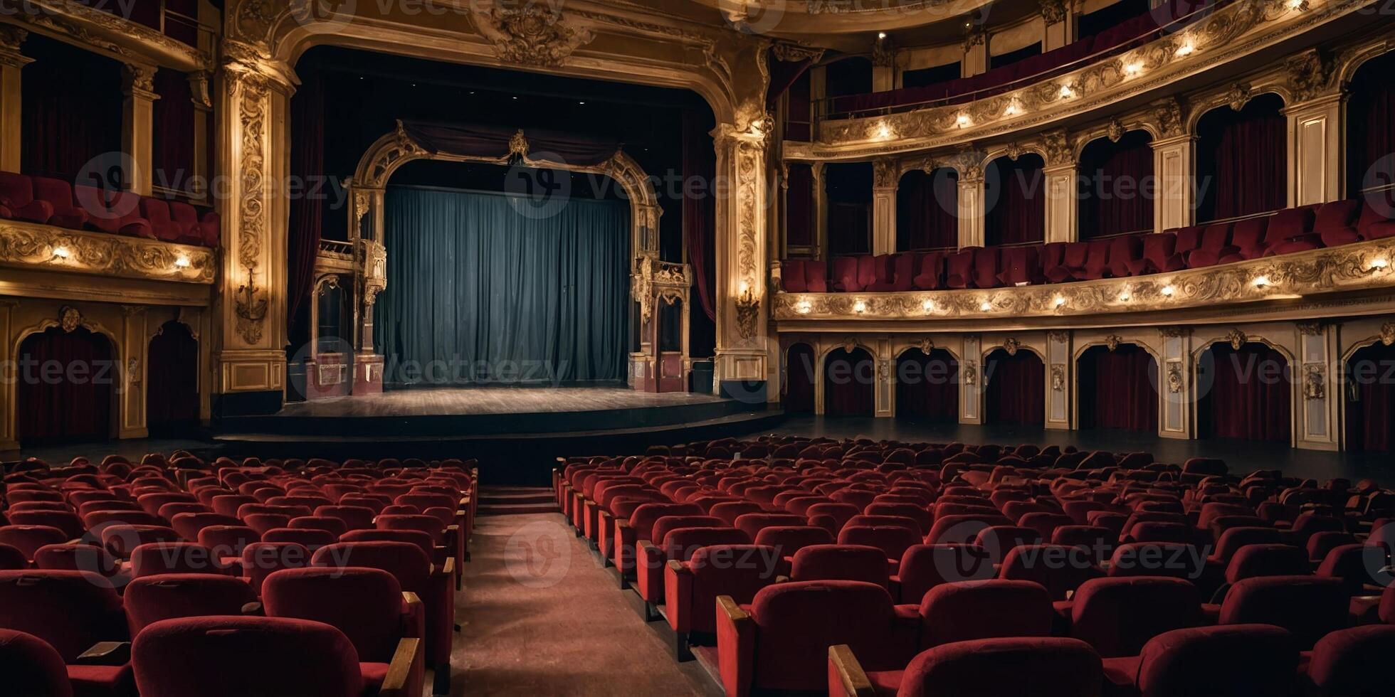 Elegant theater interior with red seats and a grand stage fully prepared for a captivating performance at dusk photo