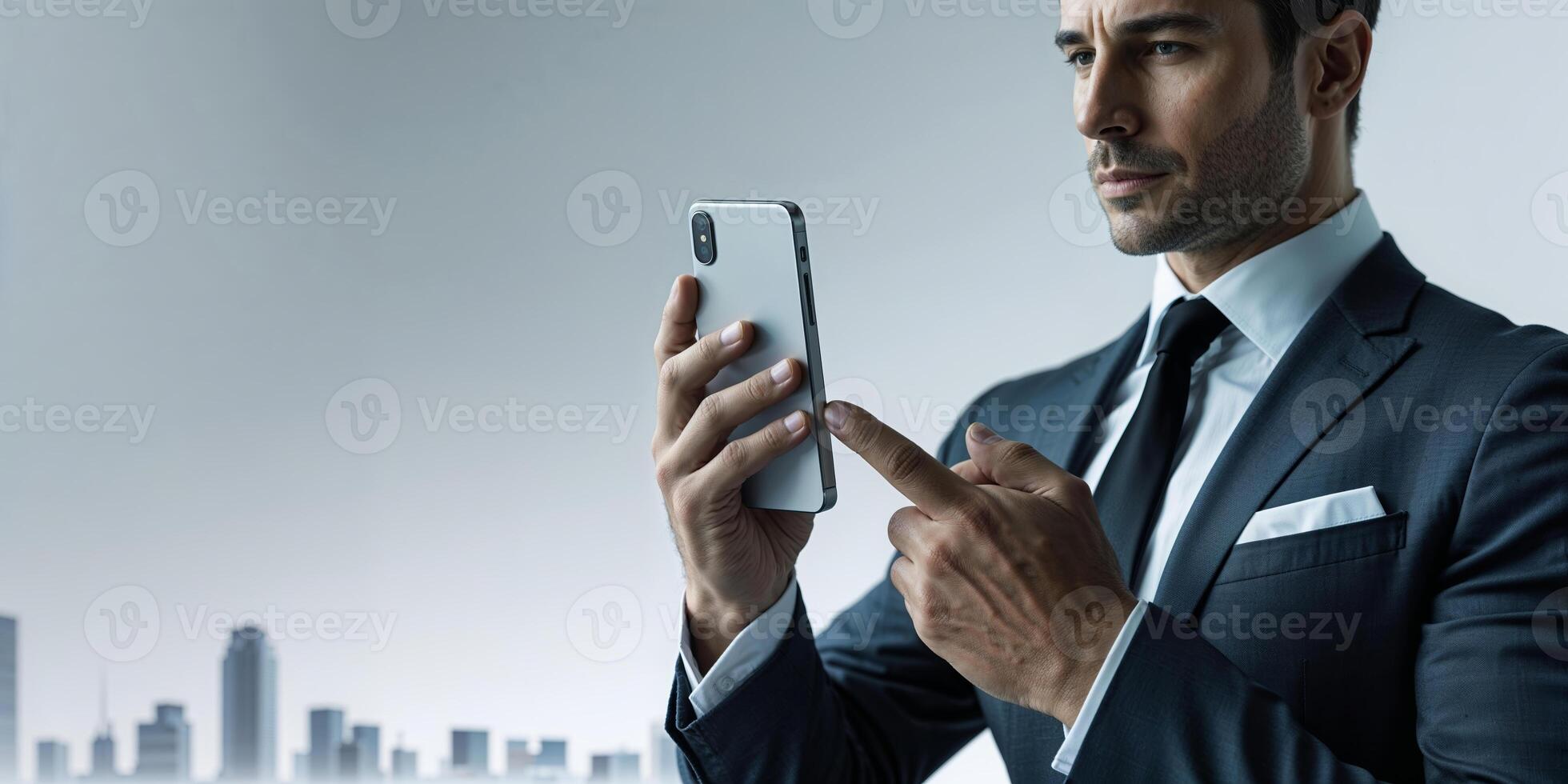 Businessman checks smartphone in modern urban environment during daylight hours, focused on connectivity and technology photo