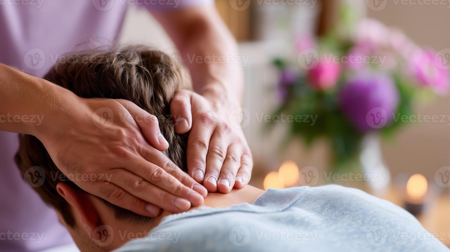 Gentle neck massage provided in a serene setting with soothing flowers and candles photo
