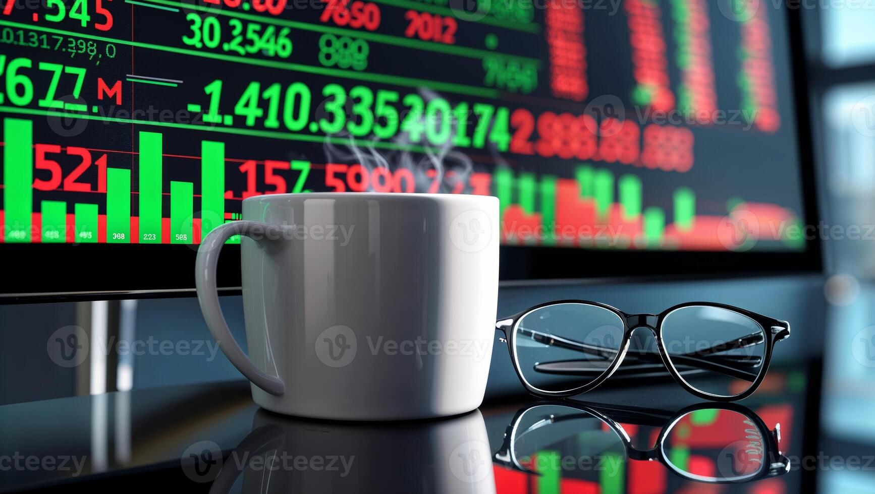 Coffee cup and glasses beside a stock market screen displaying green and red indicators in a modern office setting photo