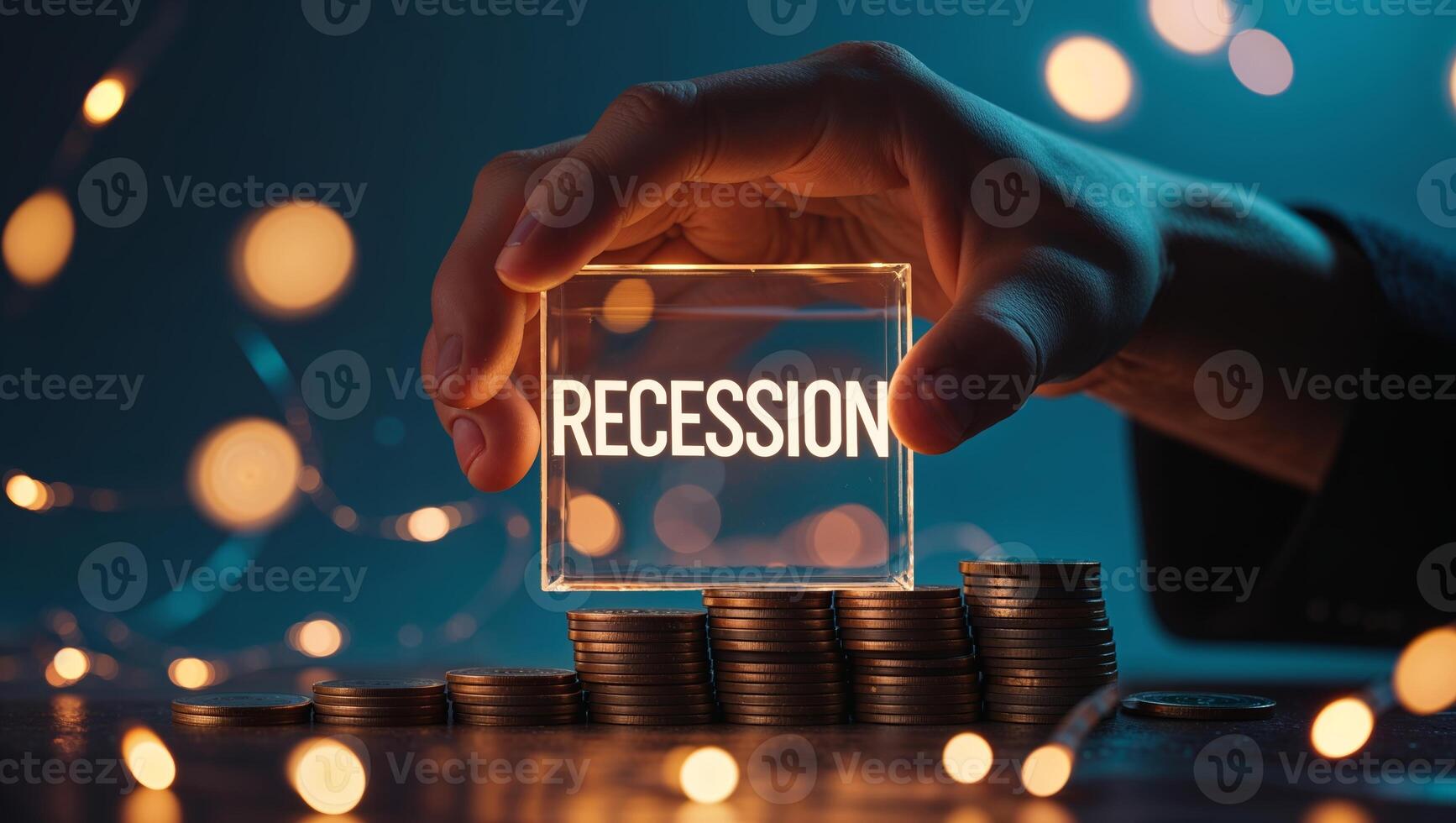Conceptual representation of economic recession with coins and illuminated text in a dark setting photo