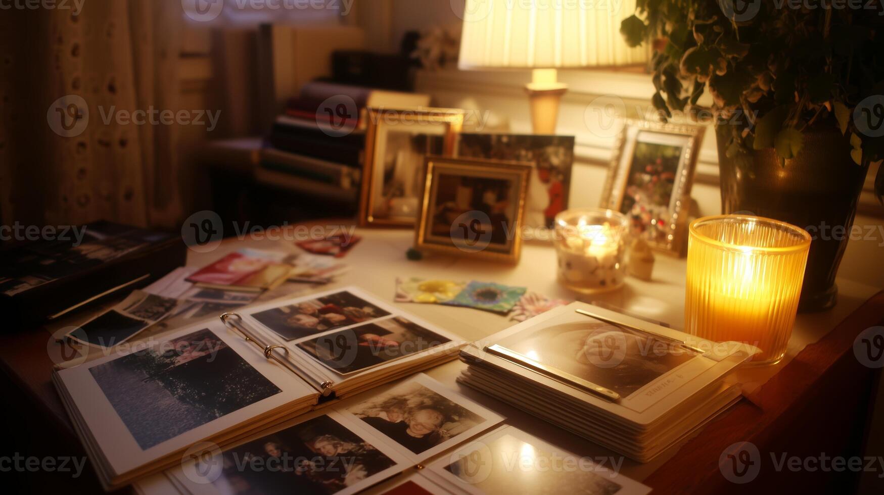 Memories captured on a cozy table adorned with photographs and candles in a warm living room photo
