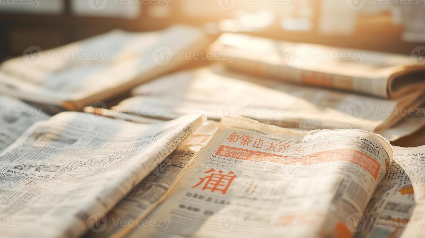 Stacked newspapers displaying headlines and articles in a well-lit room during the early morning hours photo