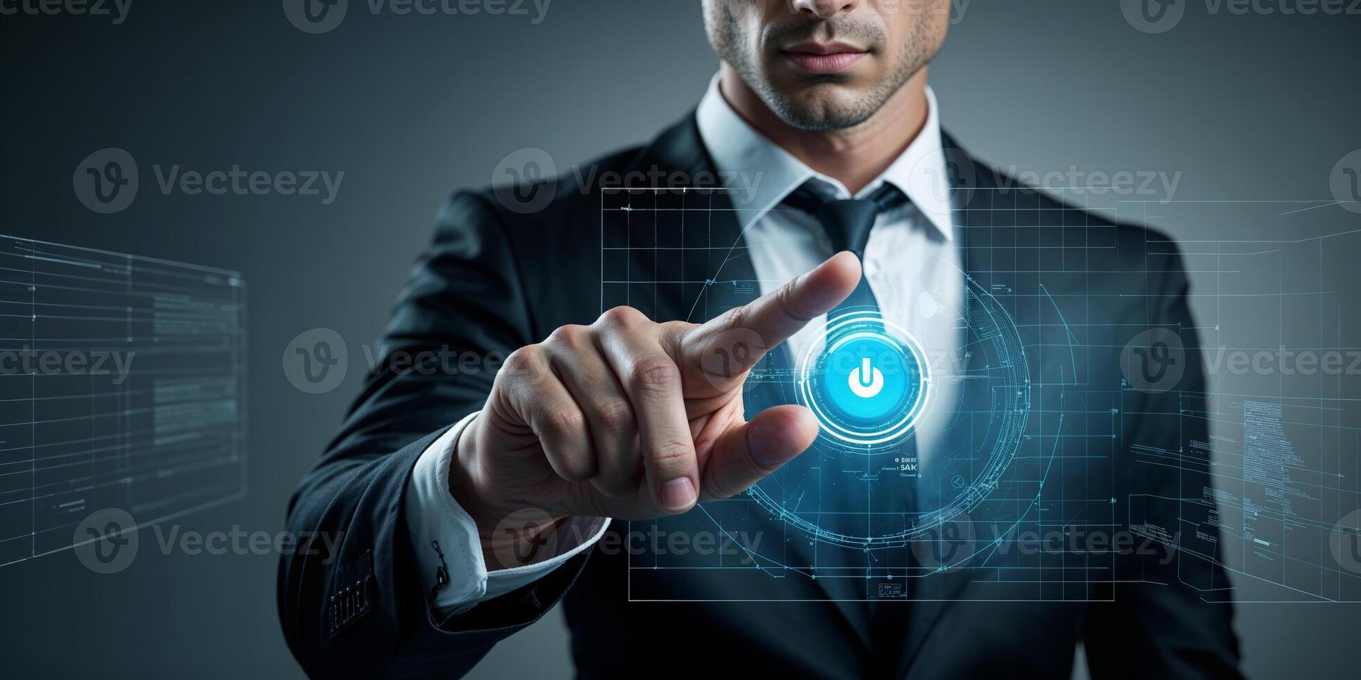 Business professional interacts with digital interface displaying technology concepts in a modern office environment photo