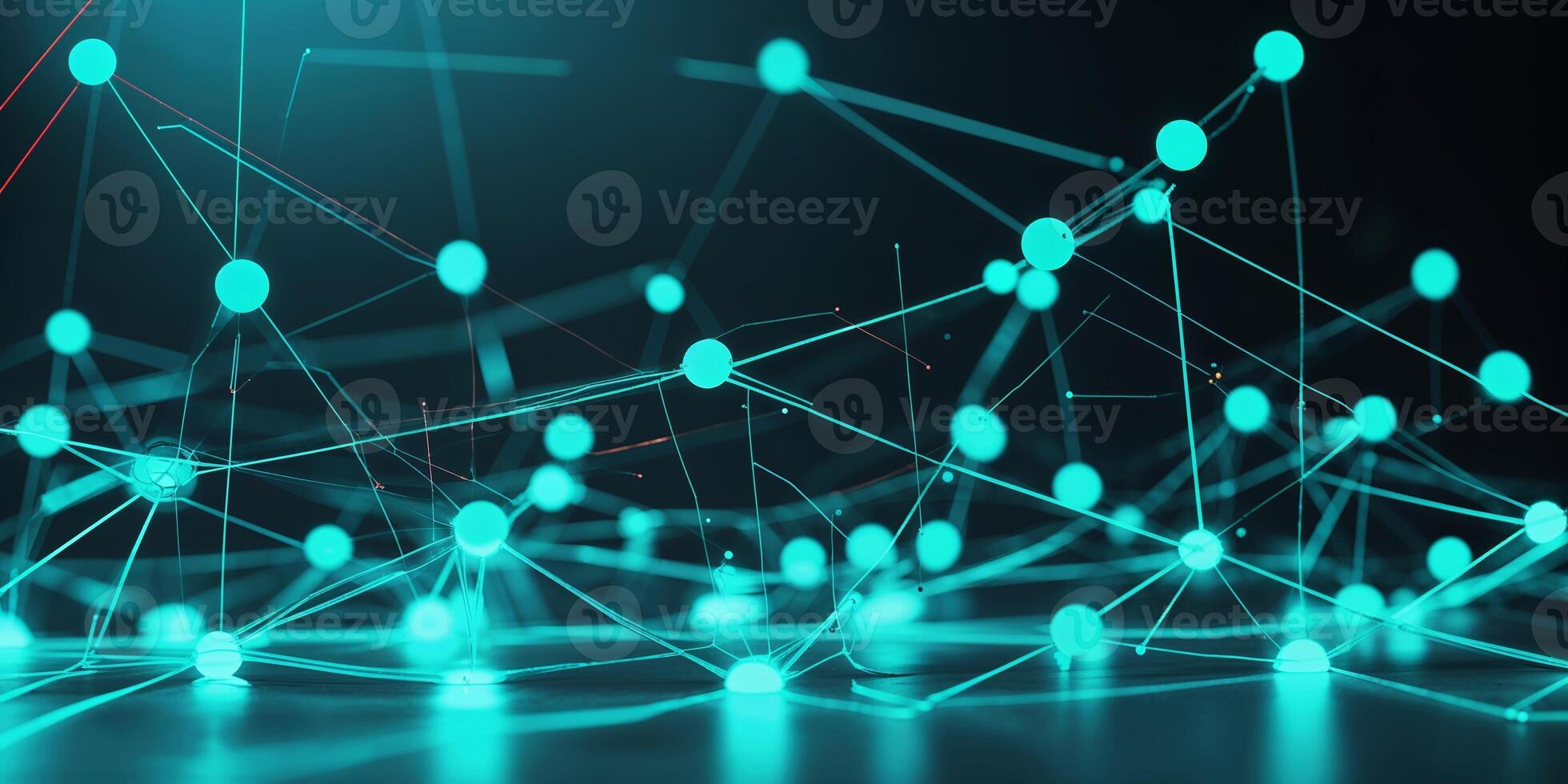 Digital network of glowing turquoise nodes and connections representing data flow in a futuristic environment photo