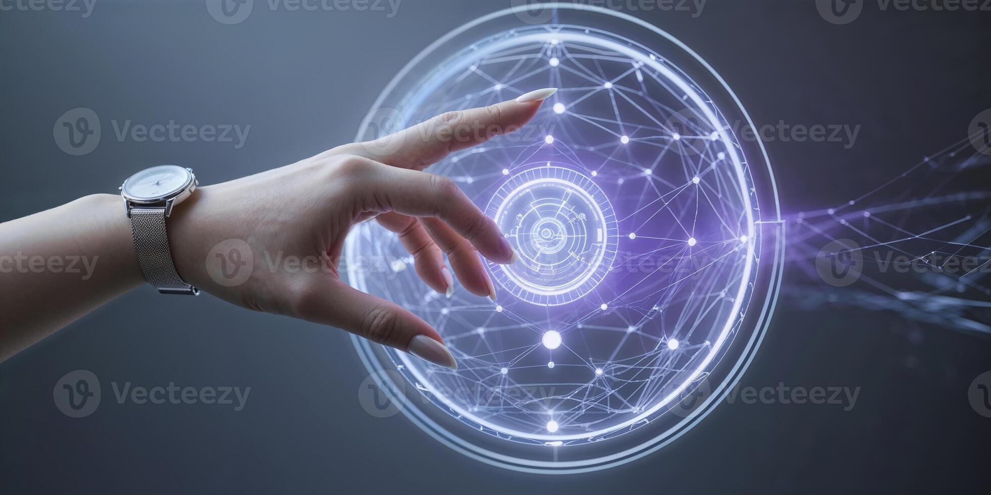 Digital interaction with a glowing sphere surrounded by networks and connections in a futuristic setting photo
