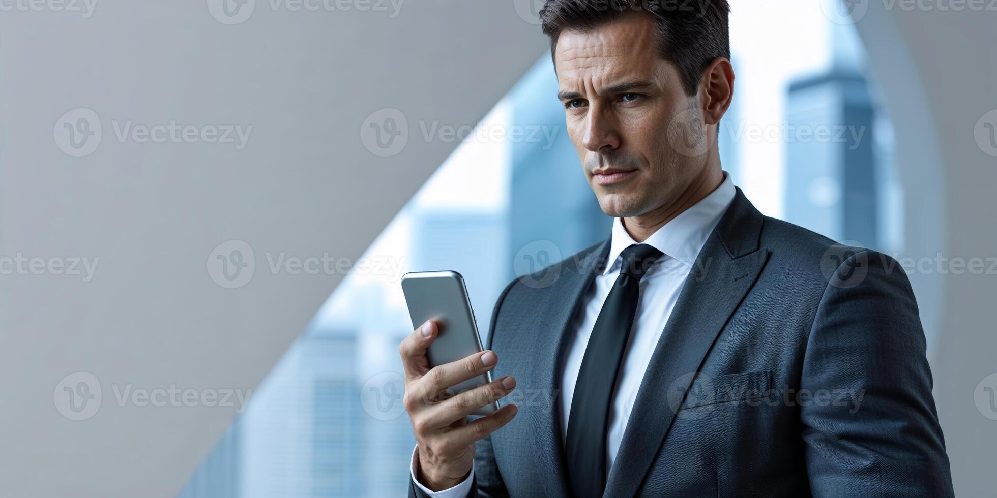 Businessman in suit checks smartphone while standing by window in modern office overlooking urban skyline photo