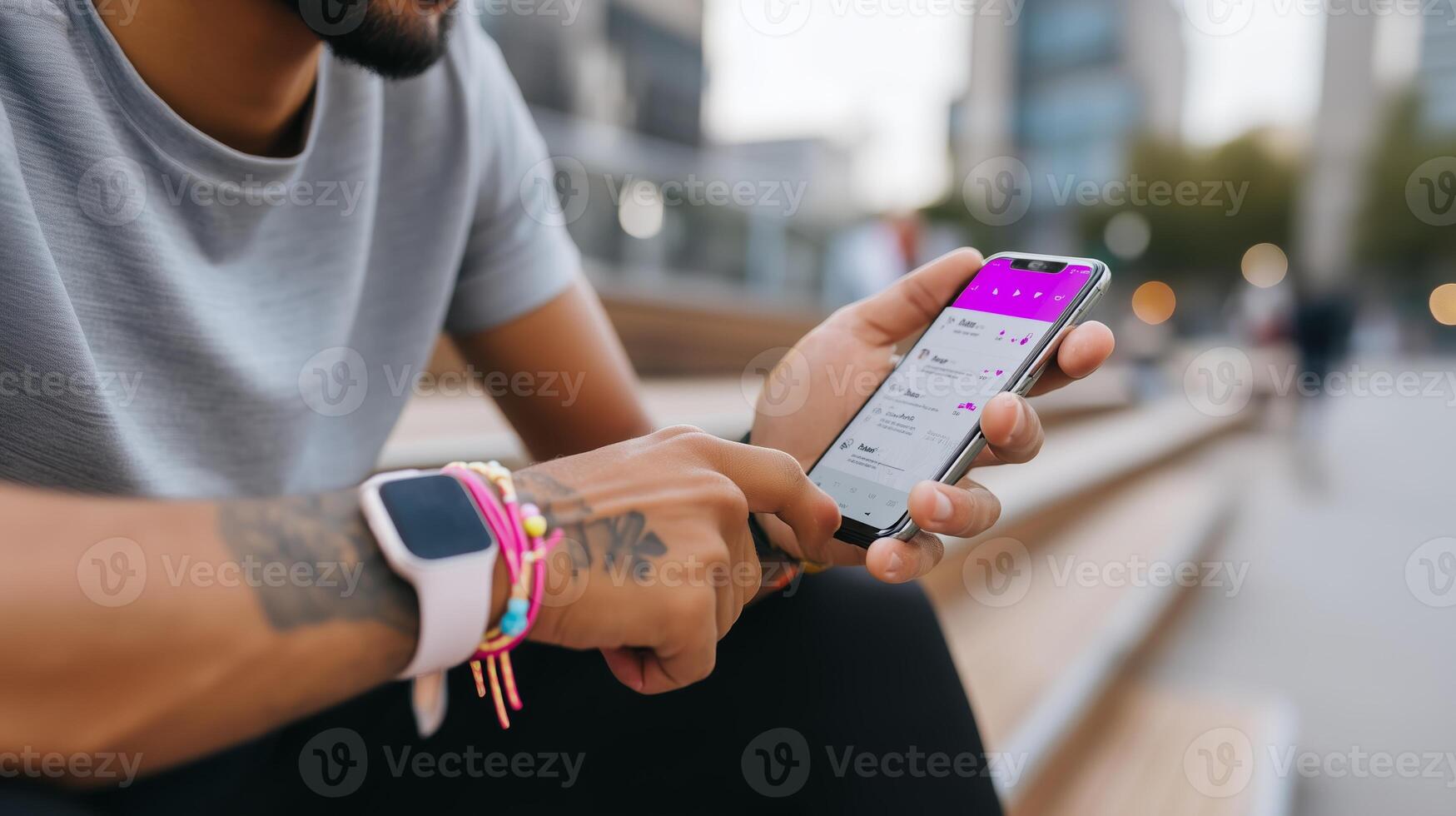 Man using smartphone in urban area while sitting on a bench during late afternoon photo