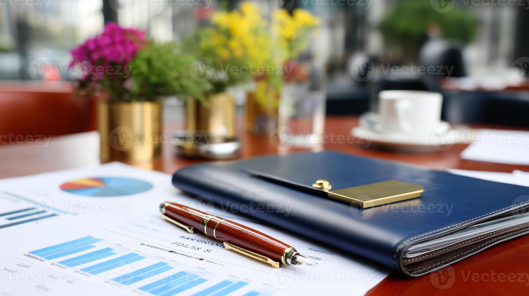 Business meeting setup with reports and flowers in a modern cafe during the morning hours photo