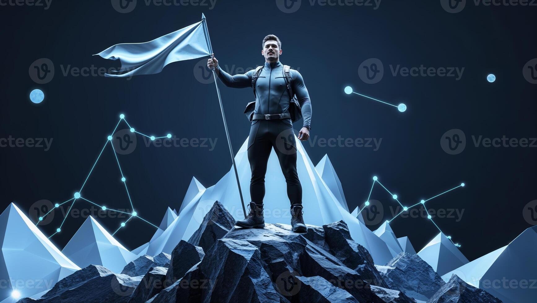 Man stands triumphantly on a rocky peak holding a flag against a futuristic backdrop with data points and geometric shapes photo