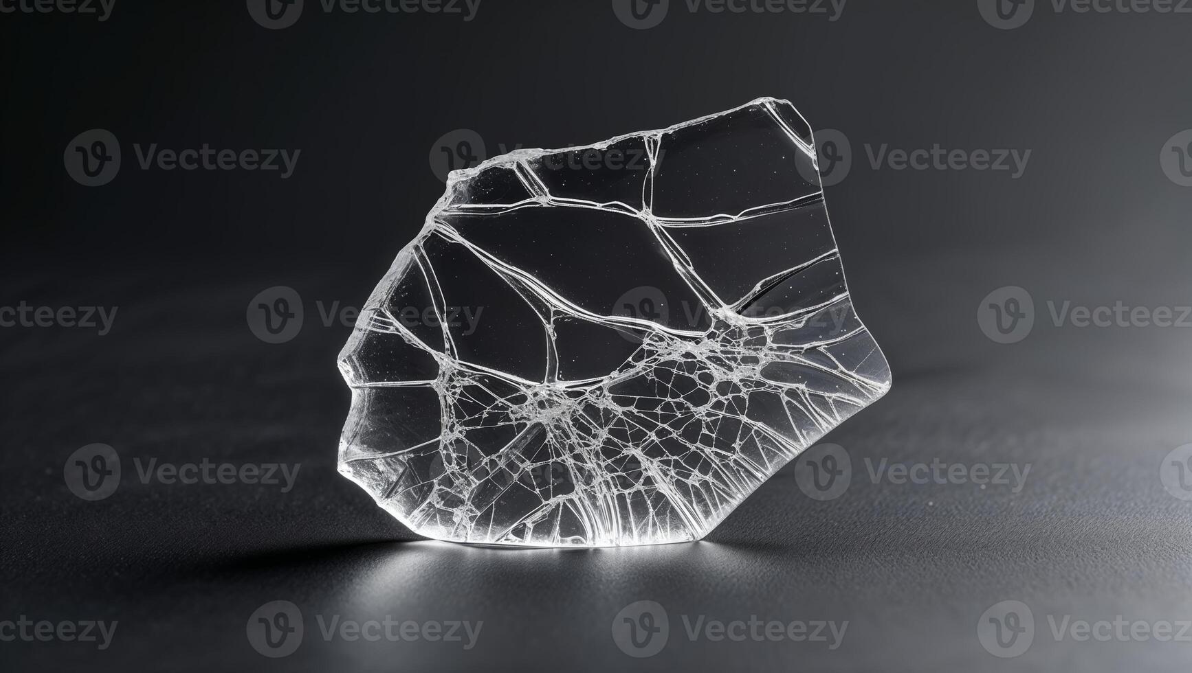 Transparent crystal shard displaying intricate fracture patterns on a dark surface illuminated by soft light photo