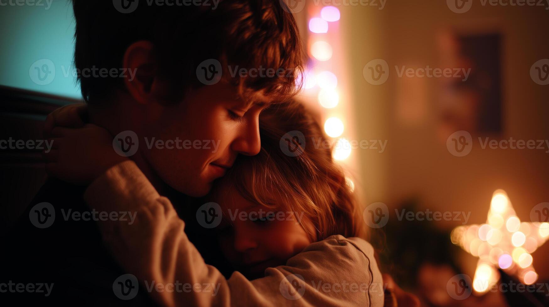 Family members share a warm embrace during a cozy evening indoors, surrounded by gentle lights and a festive atmosphere photo