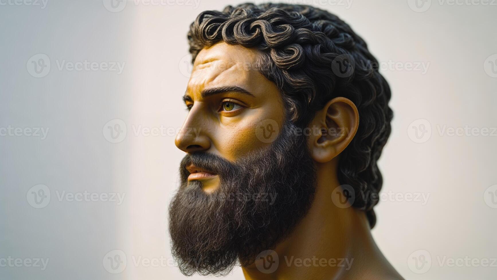 Realistic sculpture of a male figure with curly hair and beard showcasing craftsmanship in light and shadow photo