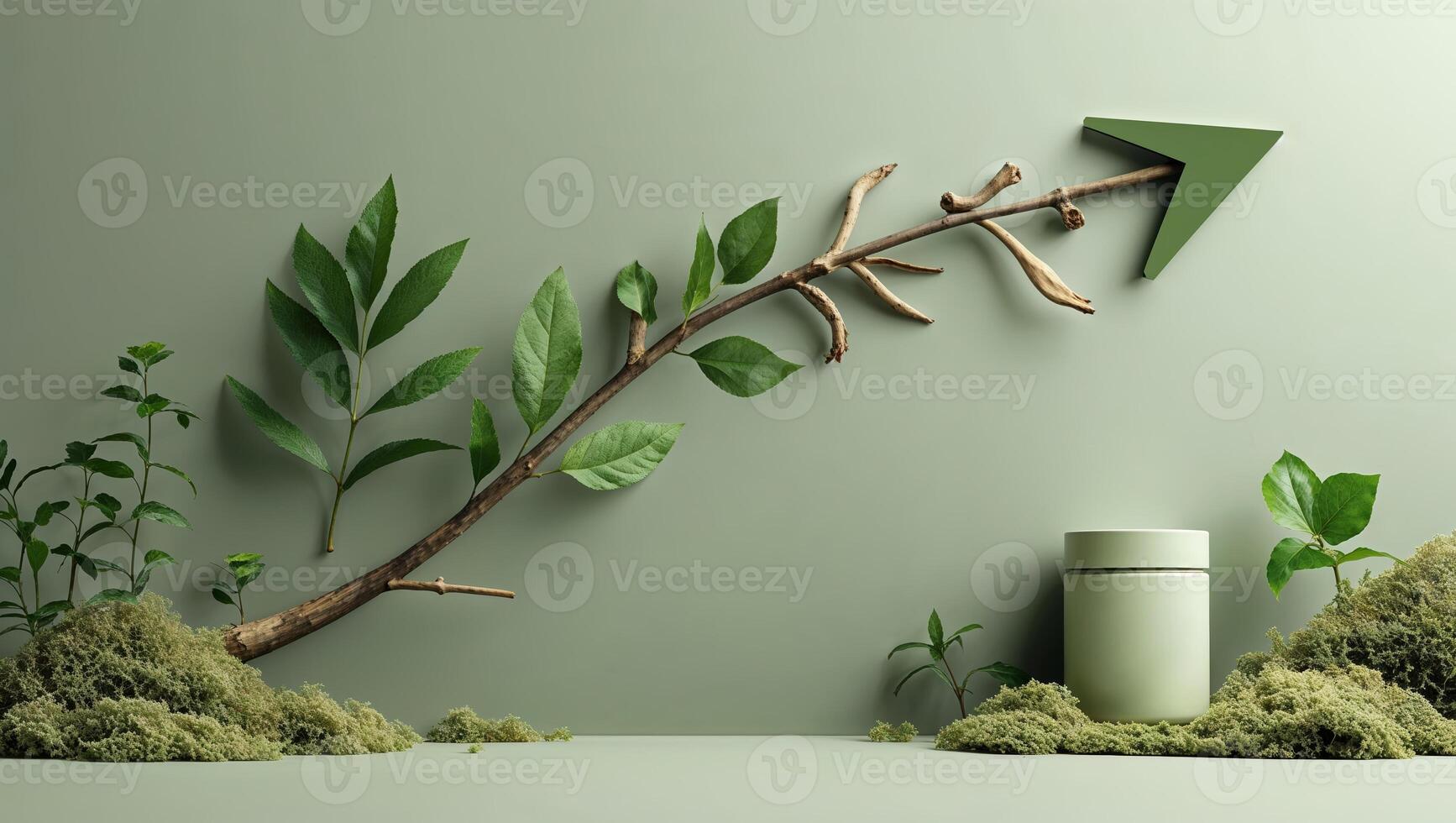 Natural elements create a modern arrangement with a branch, leaves, and a minimalist container on a soft green background photo