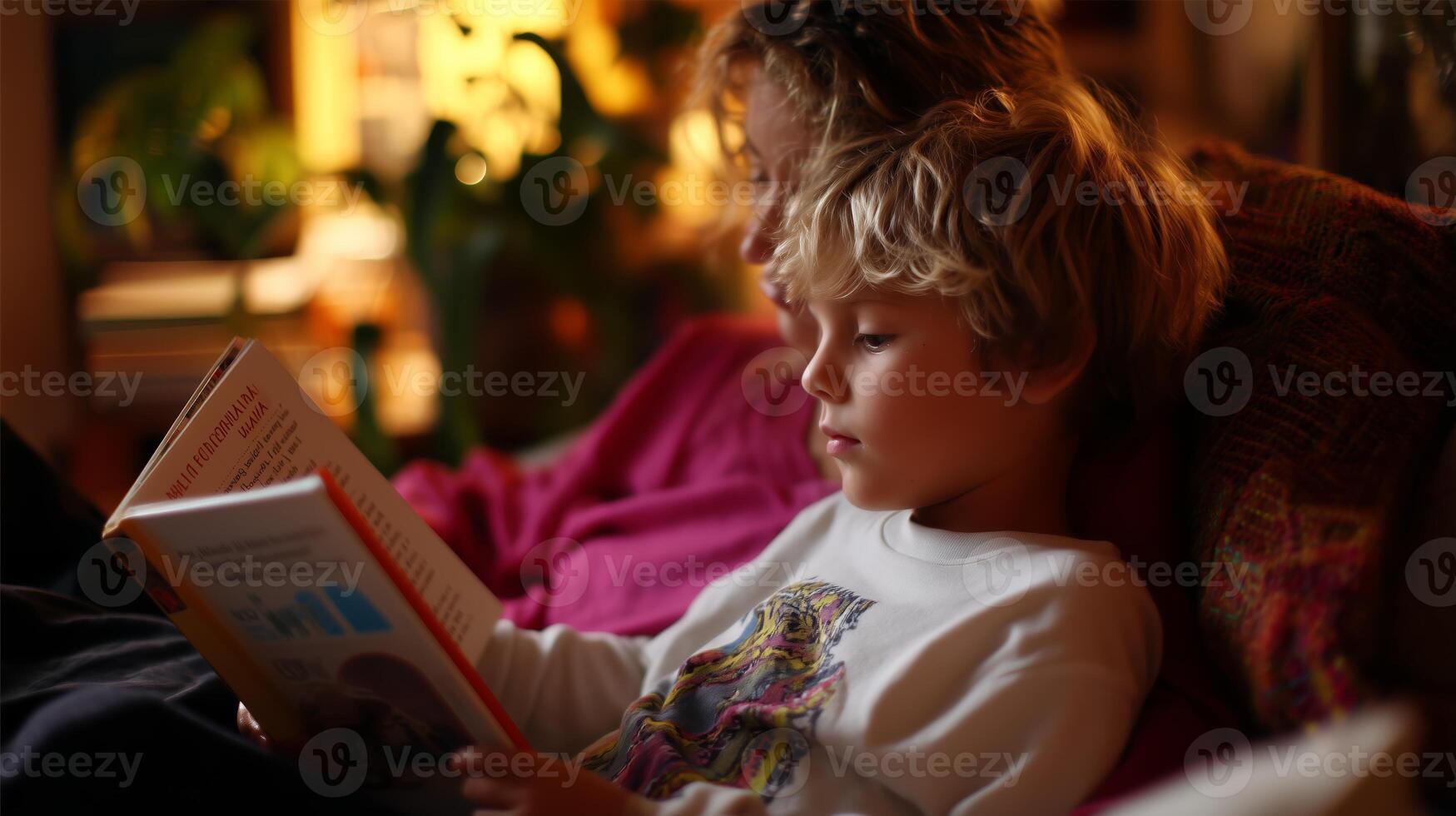 Child reading a book while sitting next to an adult on a cozy couch in a softly lit living room photo