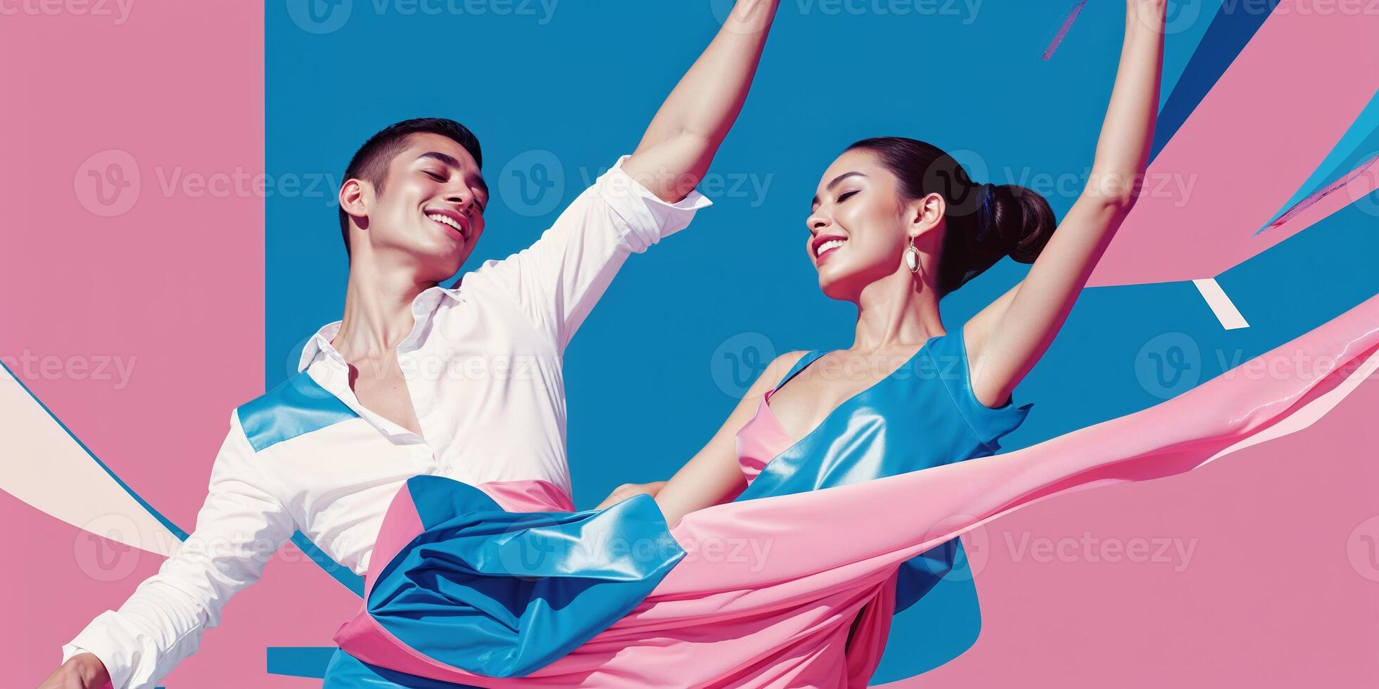 Joyful couple dancing in vibrant colored outfits against a bright background during a warm day photo